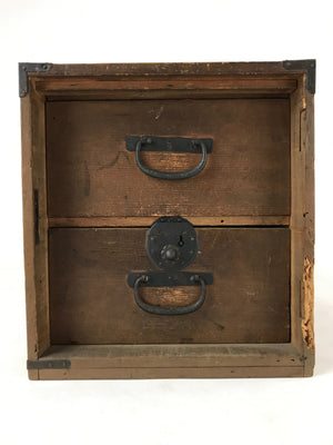 Japanese Wooden Storage Chest Vtg Large Lockbox Safe 2 Drawers Brown T363
