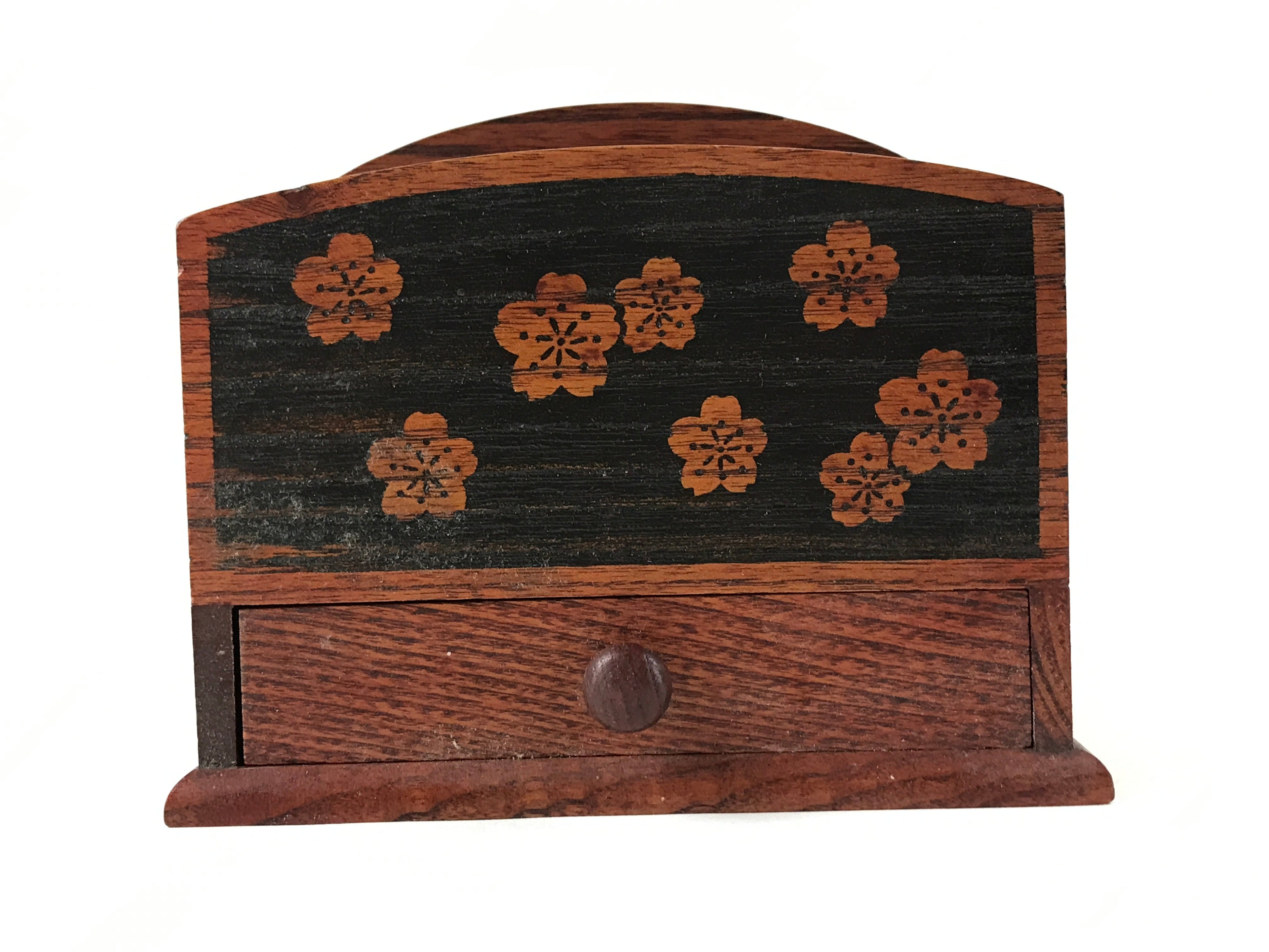 Japanese Wooden Tabletop Organizer Box Vtg Carrier Handle 1 Drawer Sakura JK624