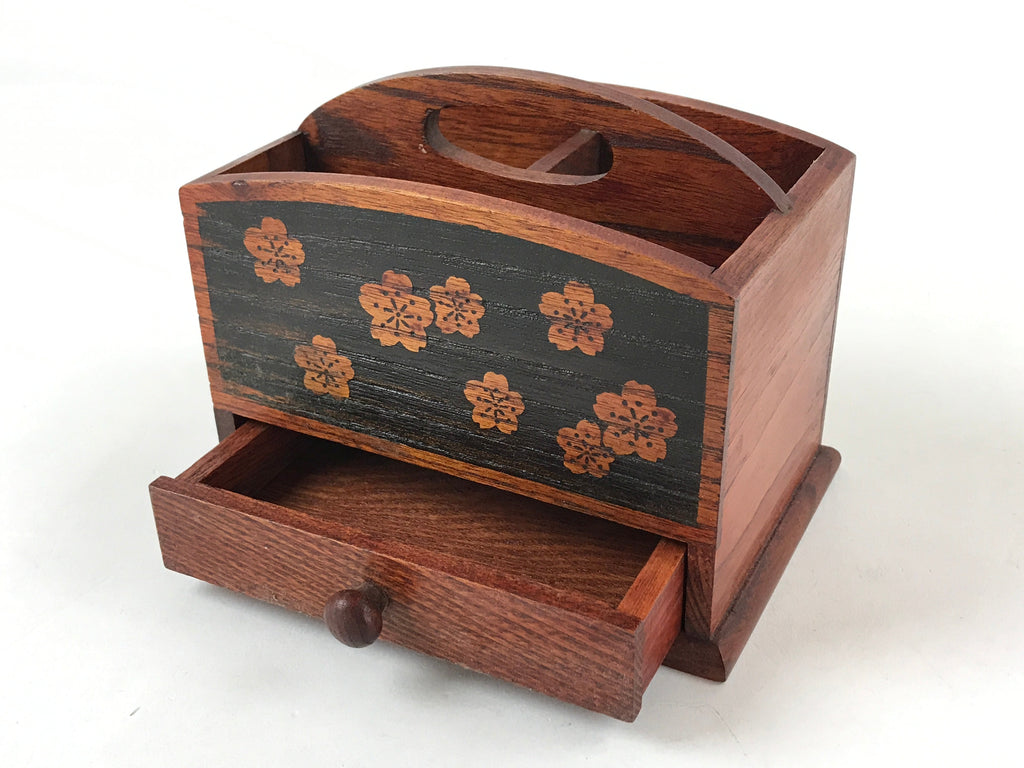 Japanese Wooden Tabletop Organizer Box Vtg Carrier Handle 1 Drawer Sakura JK624