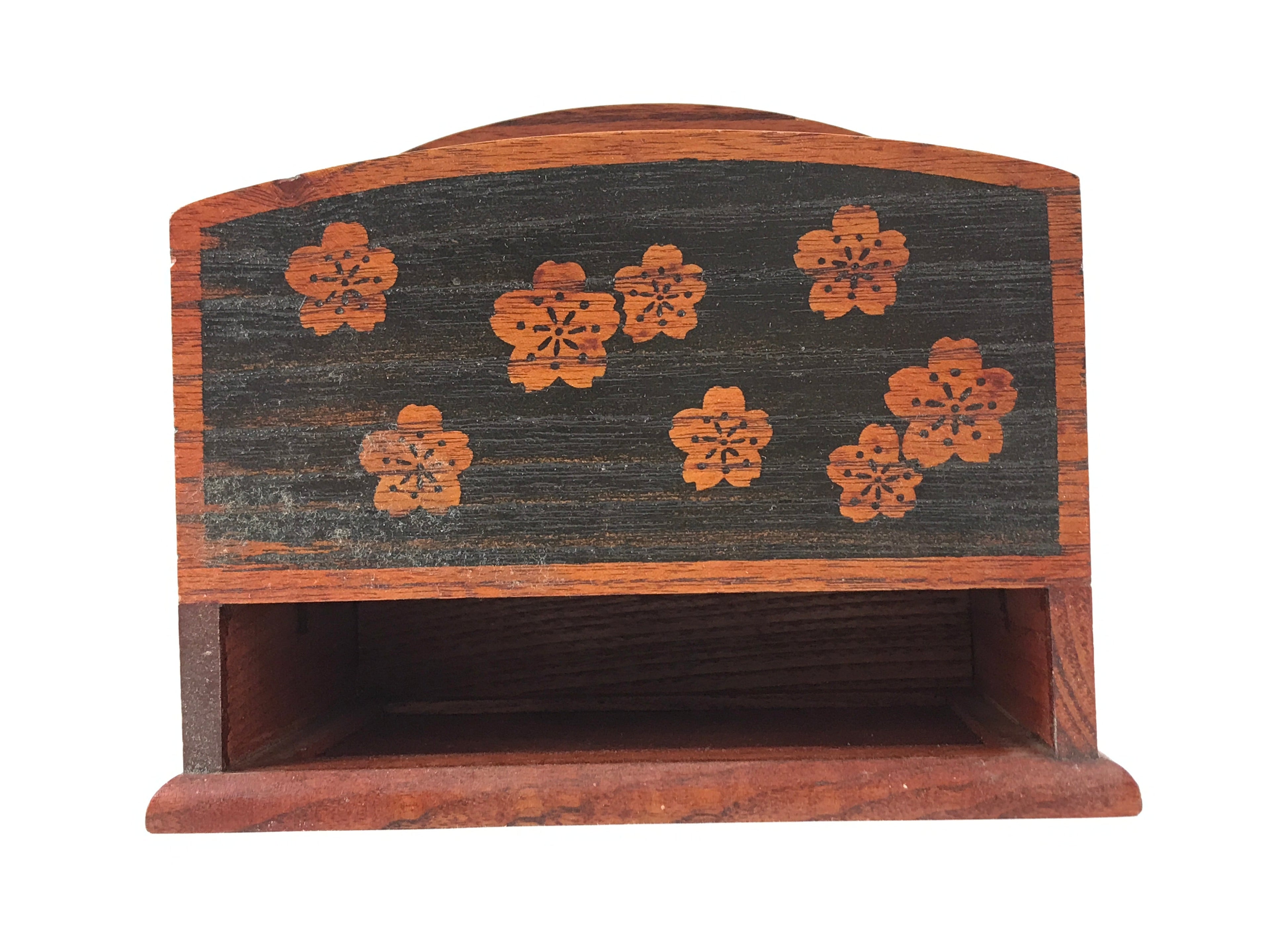 Japanese Wooden Tabletop Organizer Box Vtg Carrier Handle 1 Drawer Sakura JK624