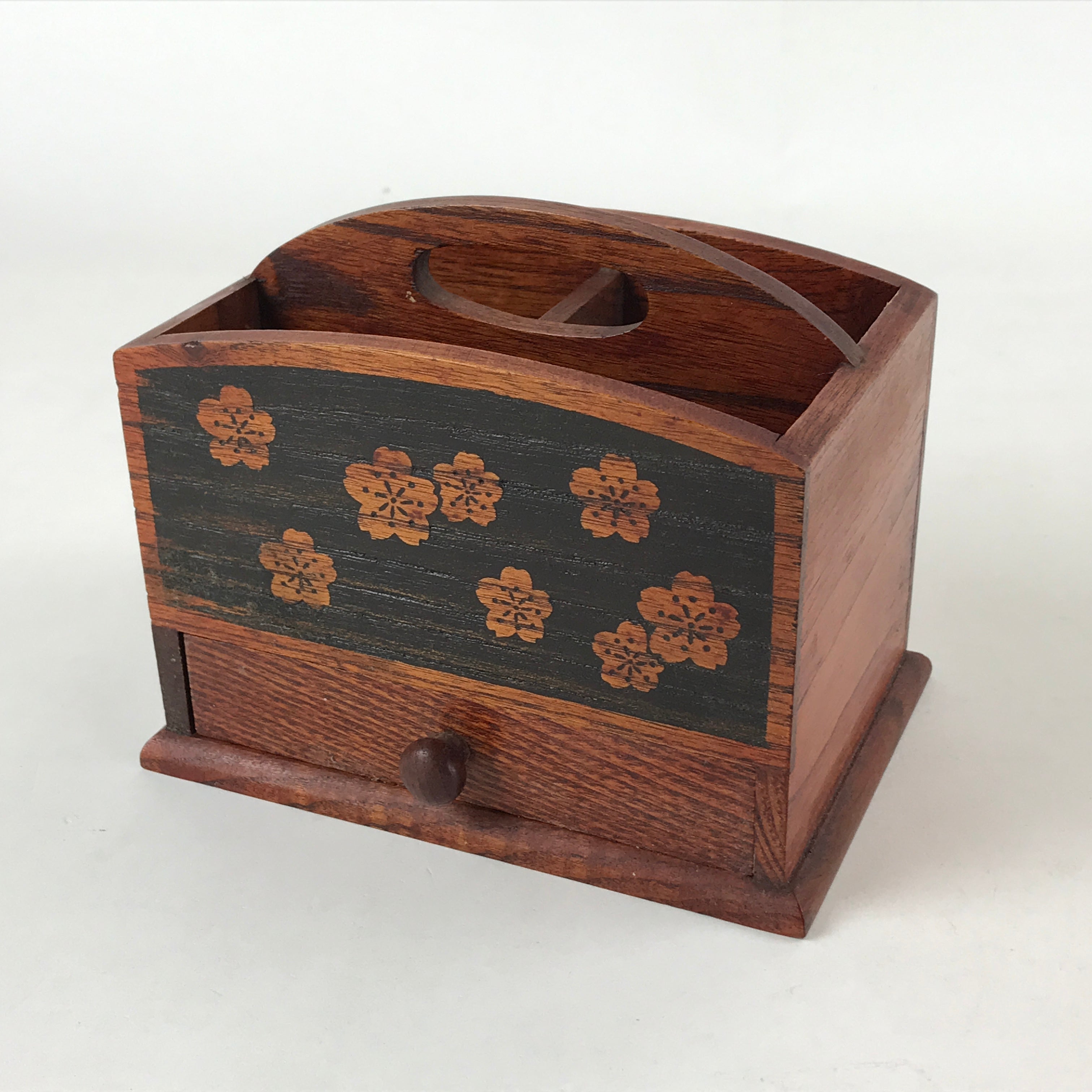 Japanese Wooden Tabletop Organizer Box Vtg Carrier Handle 1 Drawer