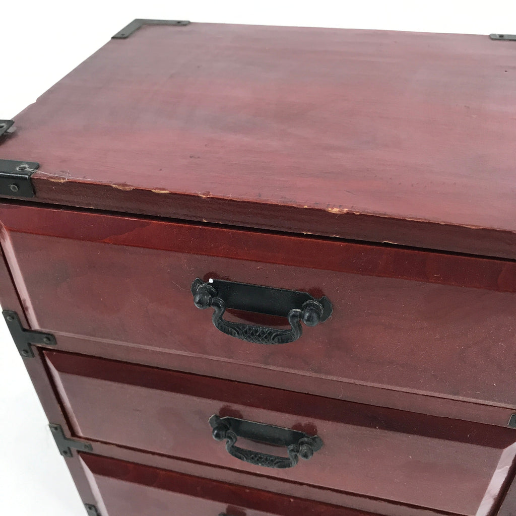 Japanese Wooden Tansu Storage Chest Vtg Haribako 3 Drawers Reddish Brown T377