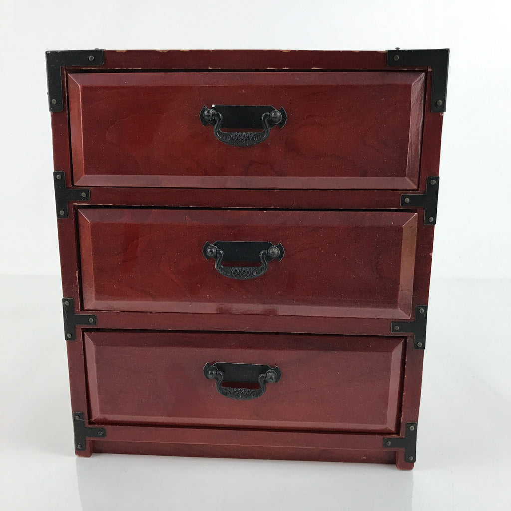 Japanese Wooden Tansu Storage Chest Vtg Haribako 3 Drawers Reddish Brown T377