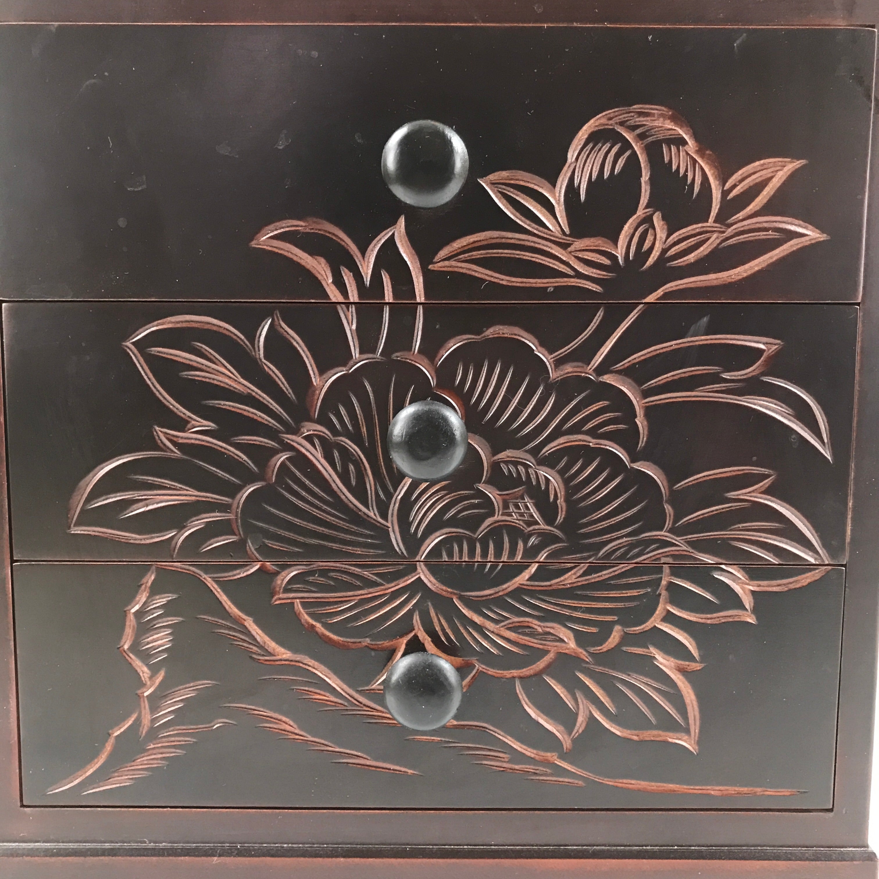 Japanese Wooden Tansu Storage Chest Vtg Haribako Engraved Peony 3 Drawers T376