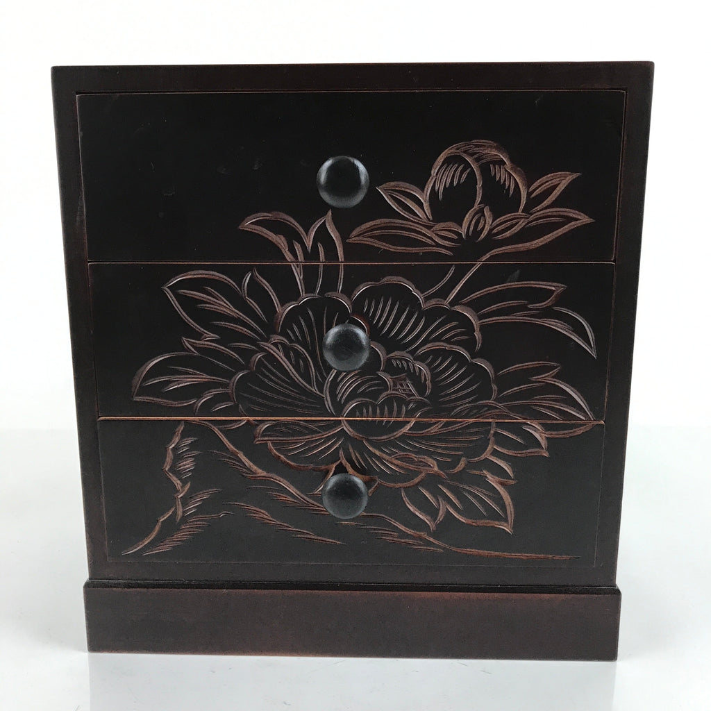 Japanese Wooden Tansu Storage Chest Vtg Haribako Engraved Peony 3 Drawers T376