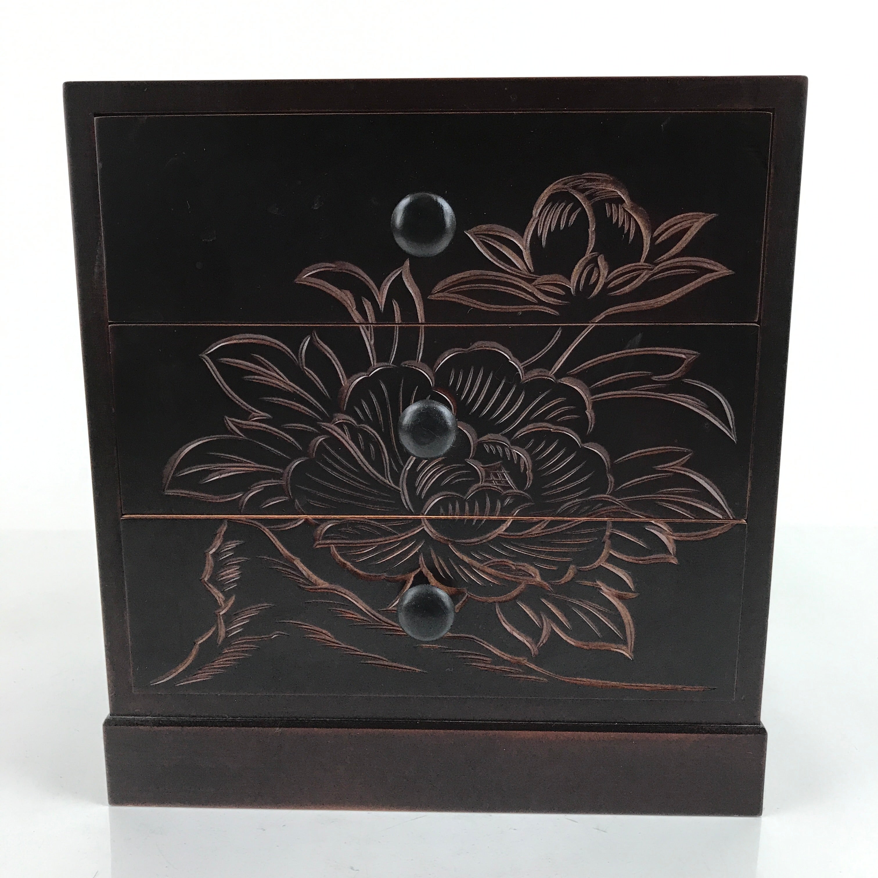 Japanese Wooden Tansu Storage Chest Vtg Haribako Engraved Peony 3 Drawers T376