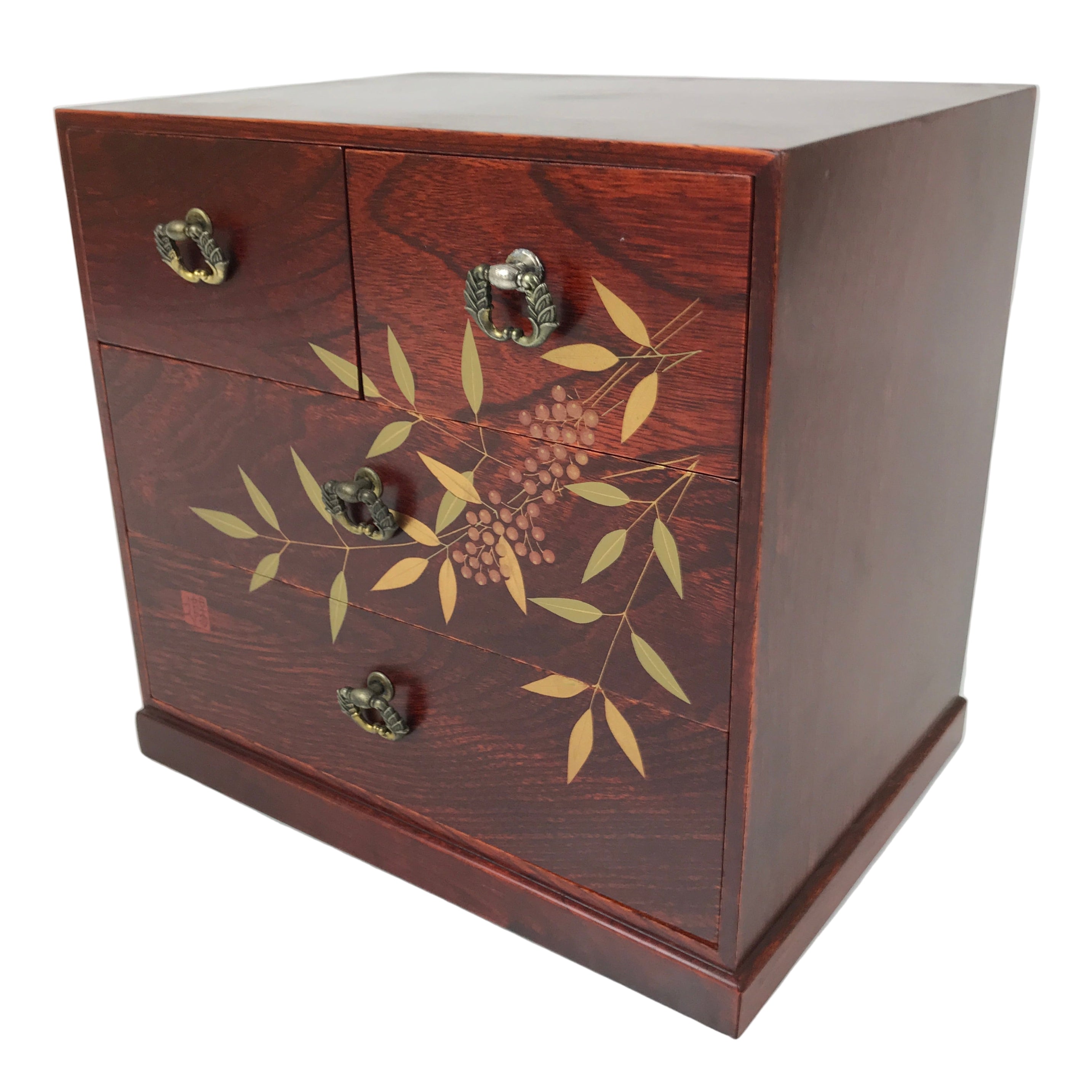 Japanese Wooden Tansu Storage Chest Vtg Haribako Four Drawers Makie Nanten T414