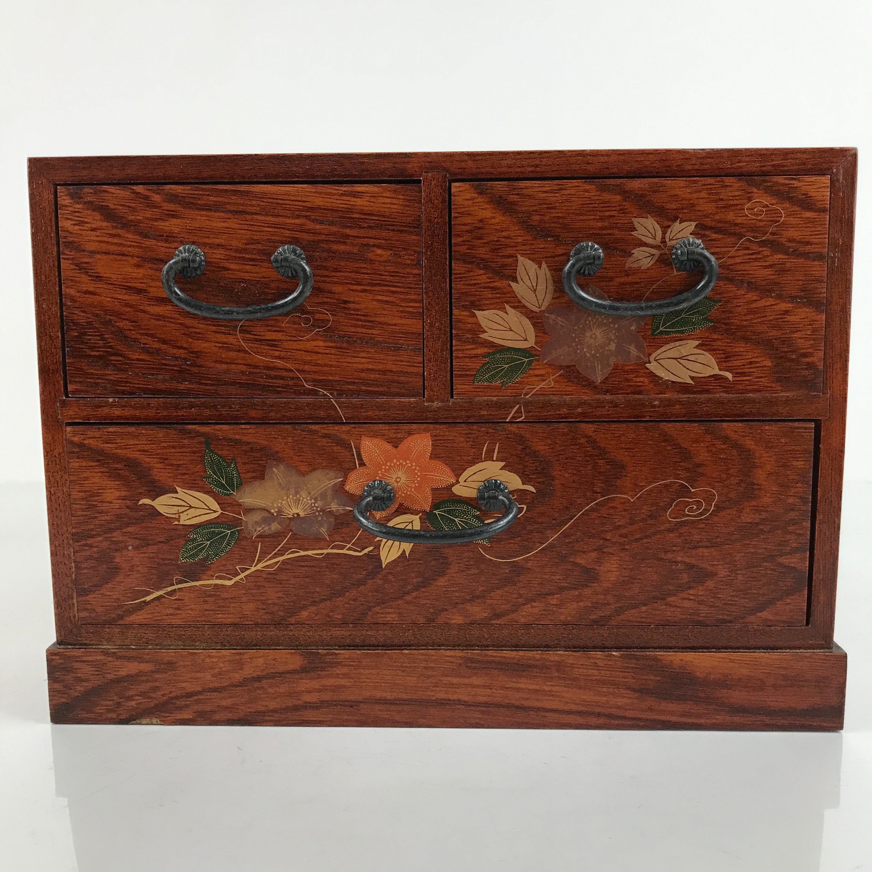 Japanese Wooden Tansu Storage Chest Vtg Haribako Makie Floral 3 Drawers T381