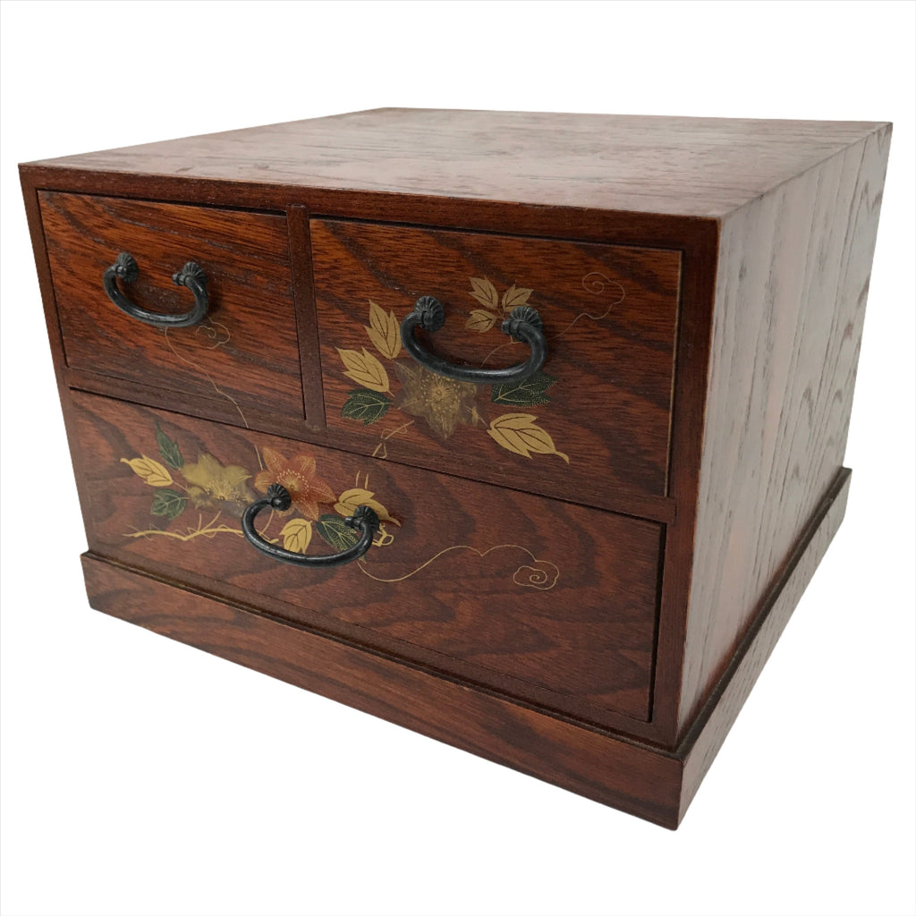 Japanese Wooden Tansu Storage Chest Vtg Haribako Makie Floral 3 Drawers T381