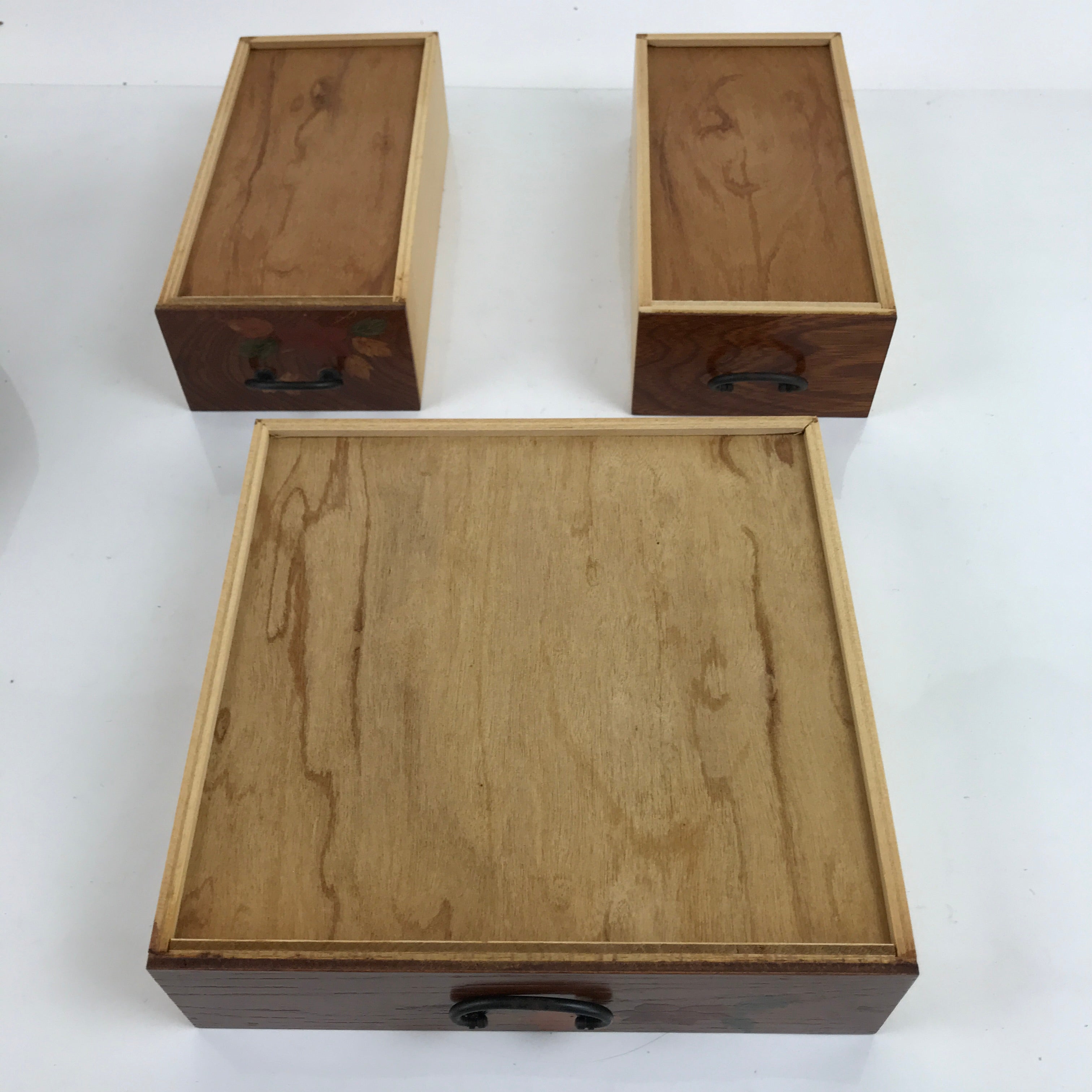 Japanese Wooden Tansu Storage Chest Vtg Haribako Three Drawers Makie Floral T387