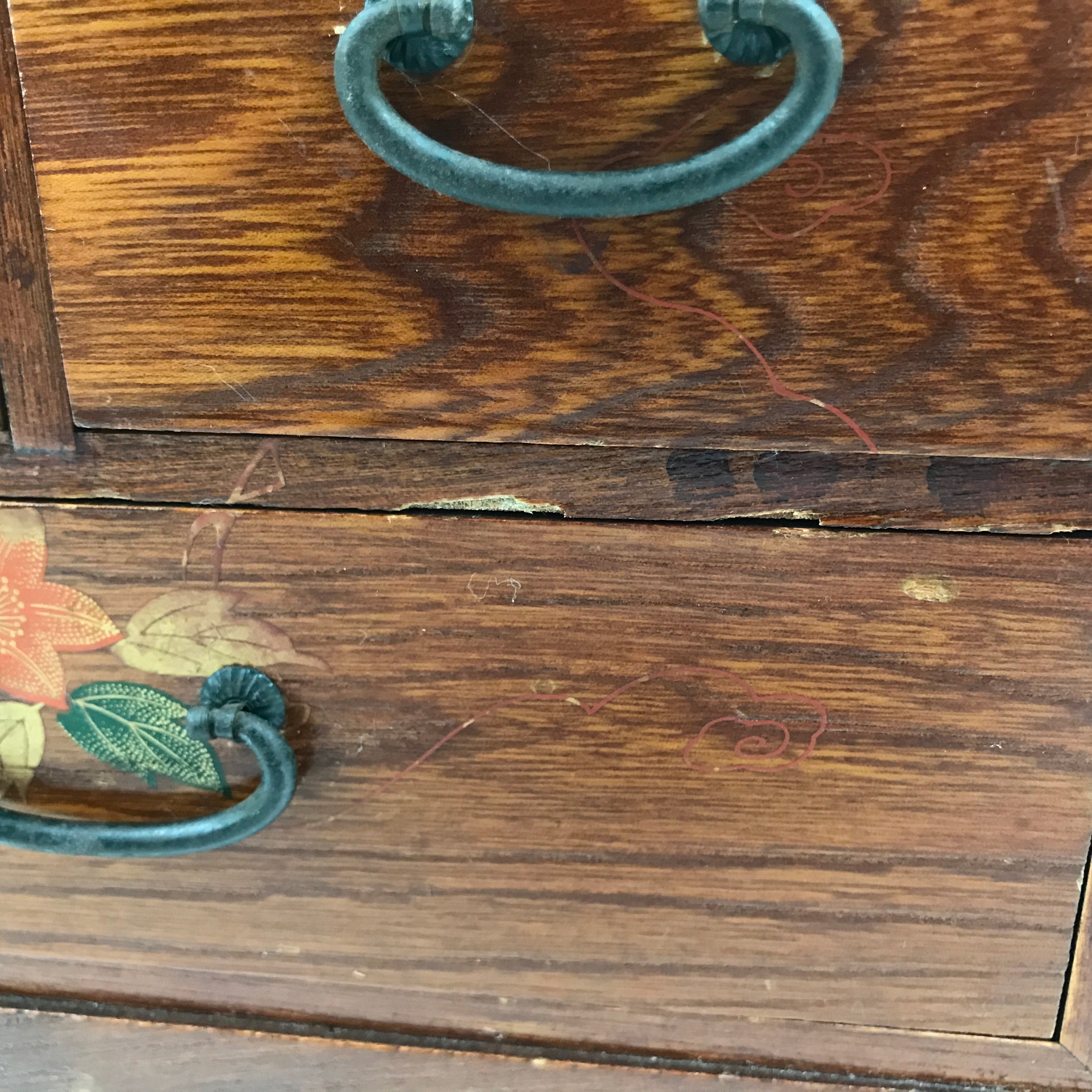 Japanese Wooden Tansu Storage Chest Vtg Haribako Three Drawers Makie Floral T387