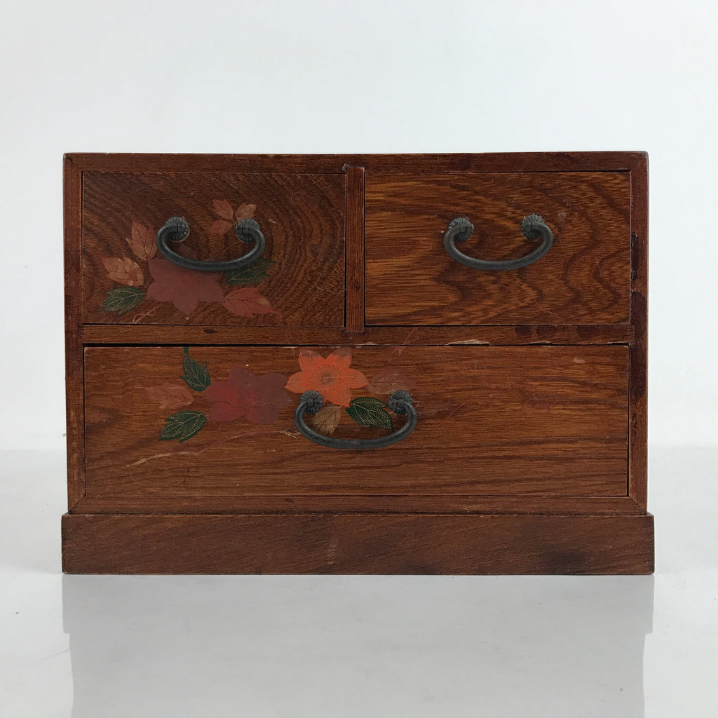 Japanese Wooden Tansu Storage Chest Vtg Haribako Three Drawers Makie Floral T387