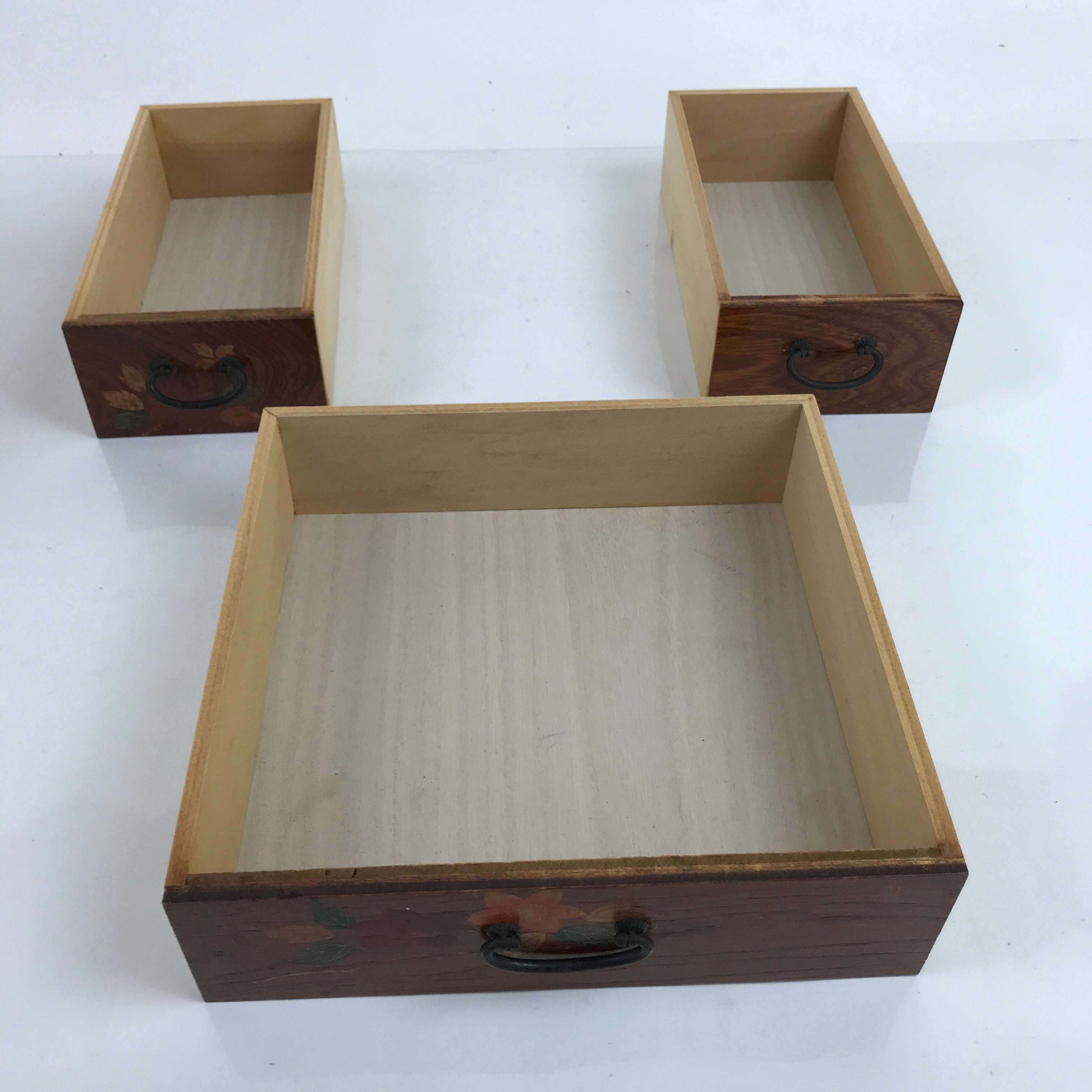 Japanese Wooden Tansu Storage Chest Vtg Haribako Three Drawers Makie Floral T387