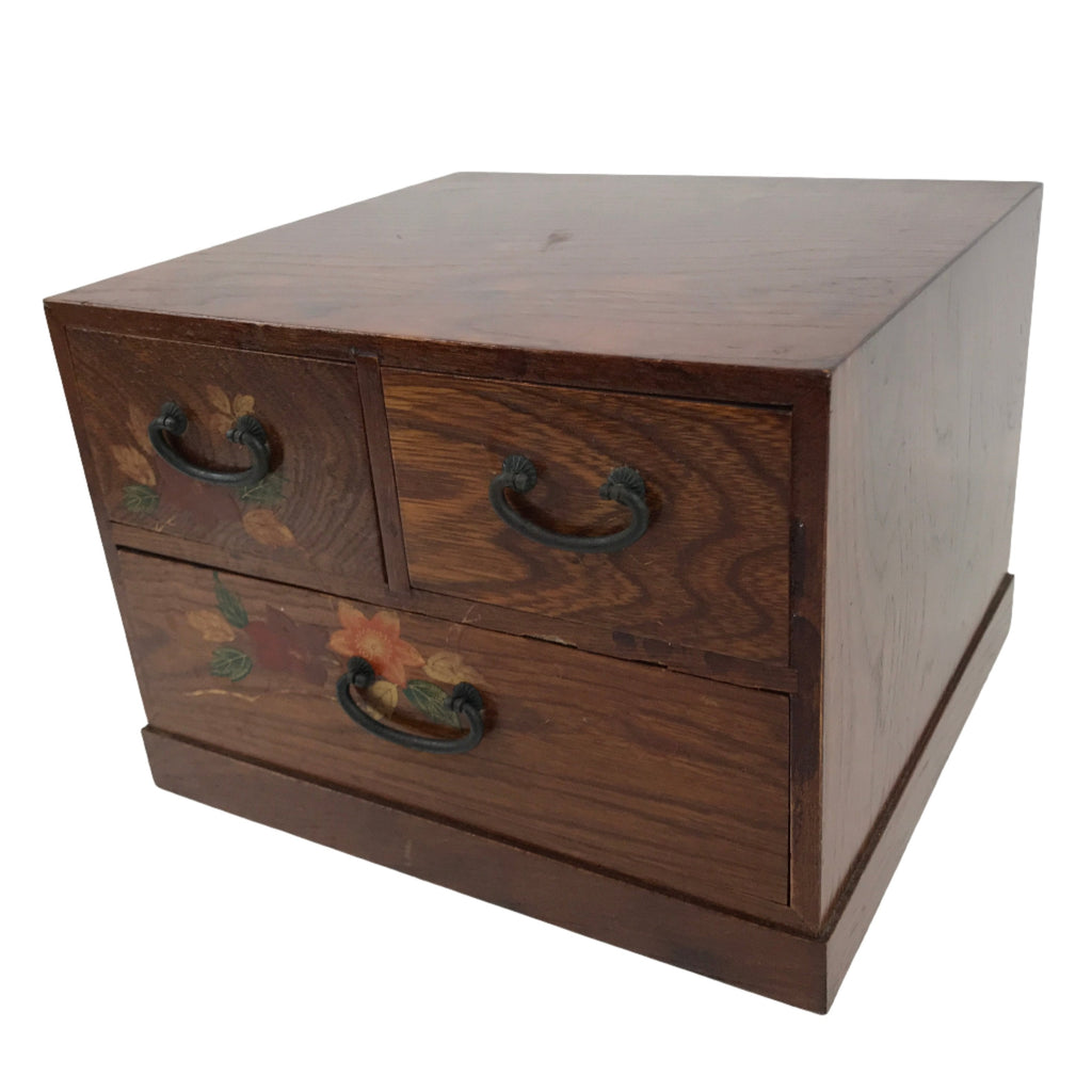 Japanese Wooden Tansu Storage Chest Vtg Haribako Three Drawers Makie Floral T387