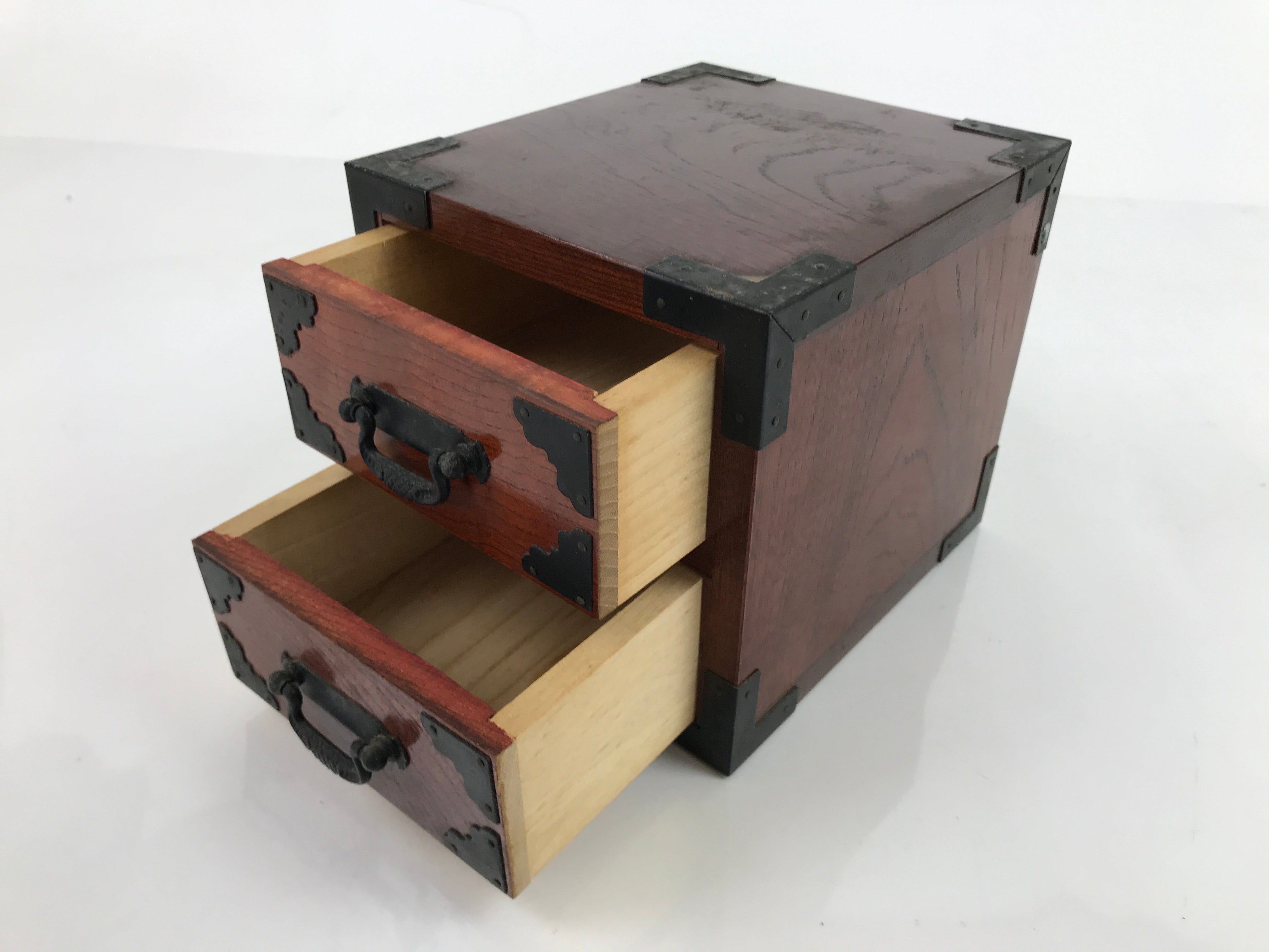 Japanese Wooden Tansu Storage Chest Vtg Haribako Trinket Box 2 Drawers T370
