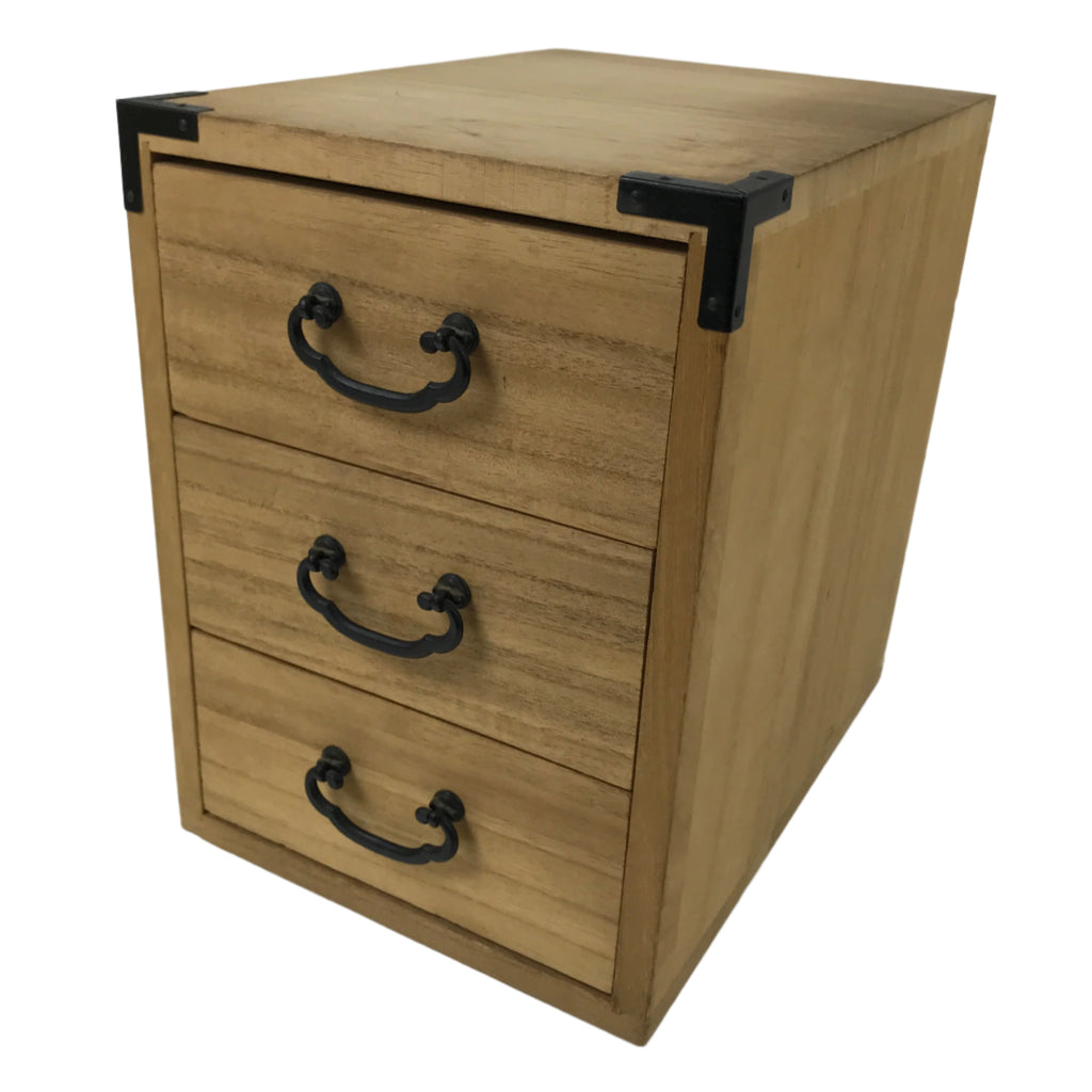 Japanese Wooden Tansu Storage Chest Vtg Haribako Trinket Box 3 Drawer Brown T404