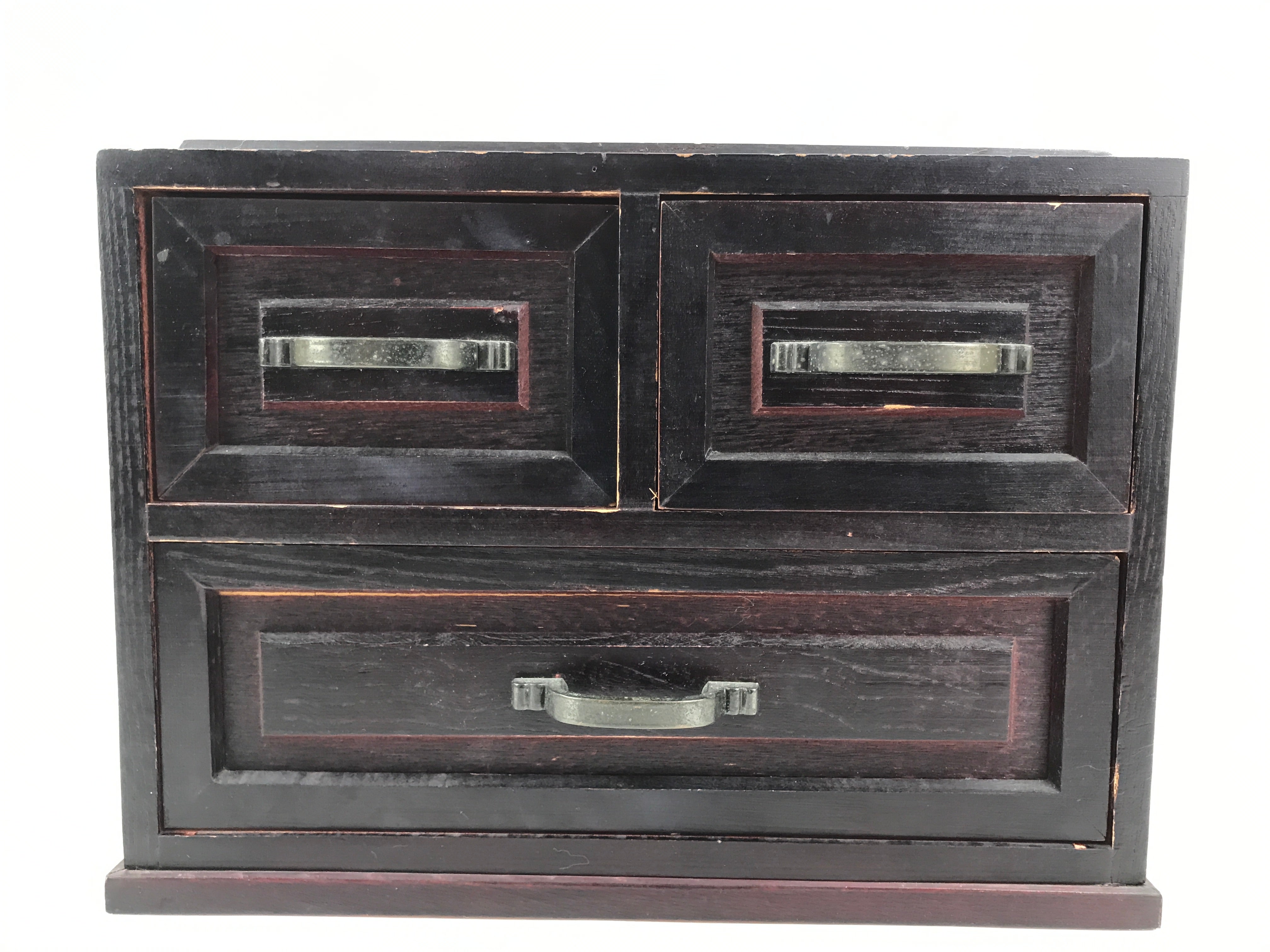 Japanese Wooden Tansu Storage Chest Vtg Haribako Trinket Box 3 Drawer Brown T405