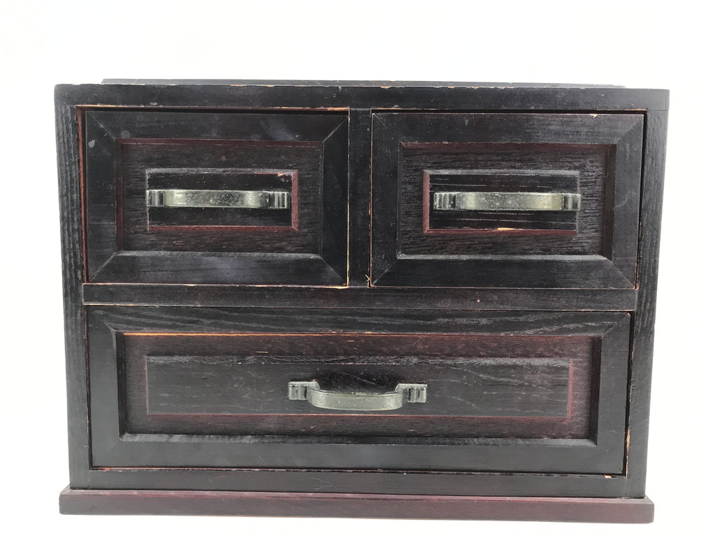 Japanese Wooden Tansu Storage Chest Vtg Haribako Trinket Box 3 Drawer Brown T405