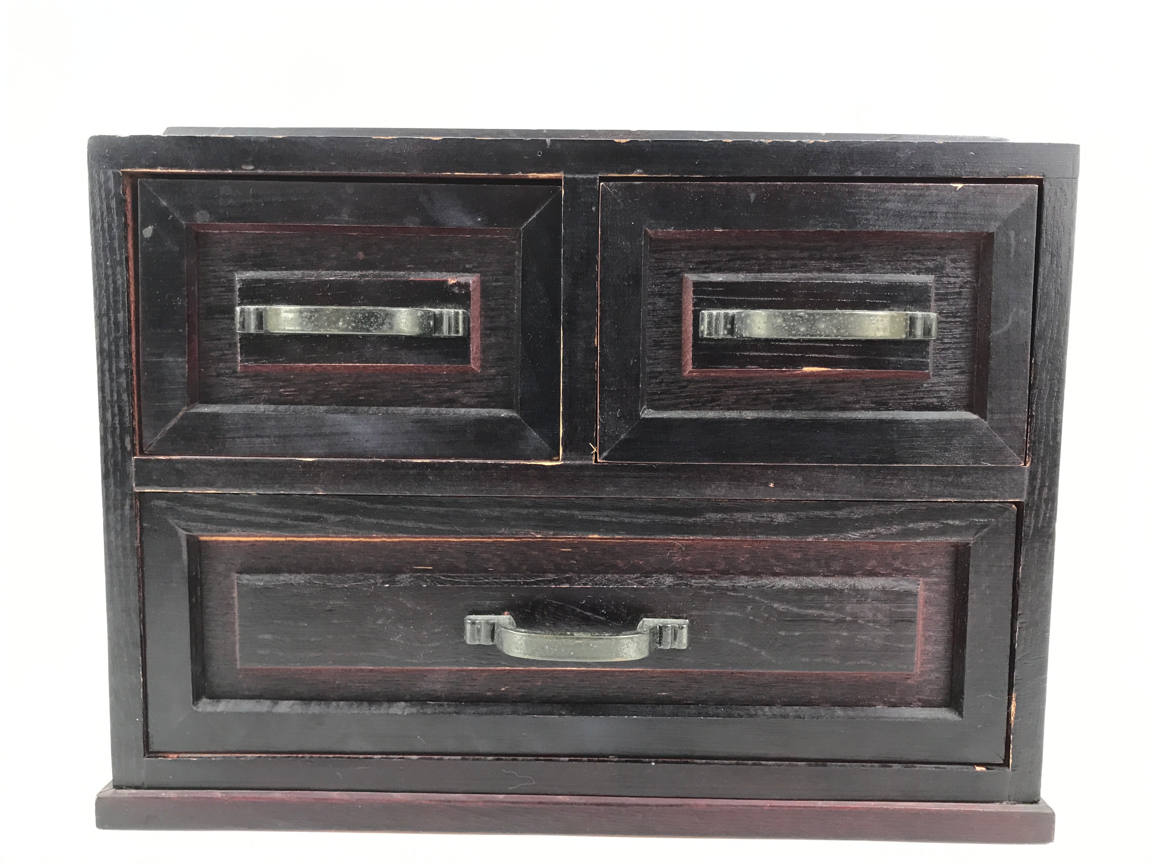 Japanese Wooden Tansu Storage Chest Vtg Haribako Trinket Box 3 Drawer Brown T405