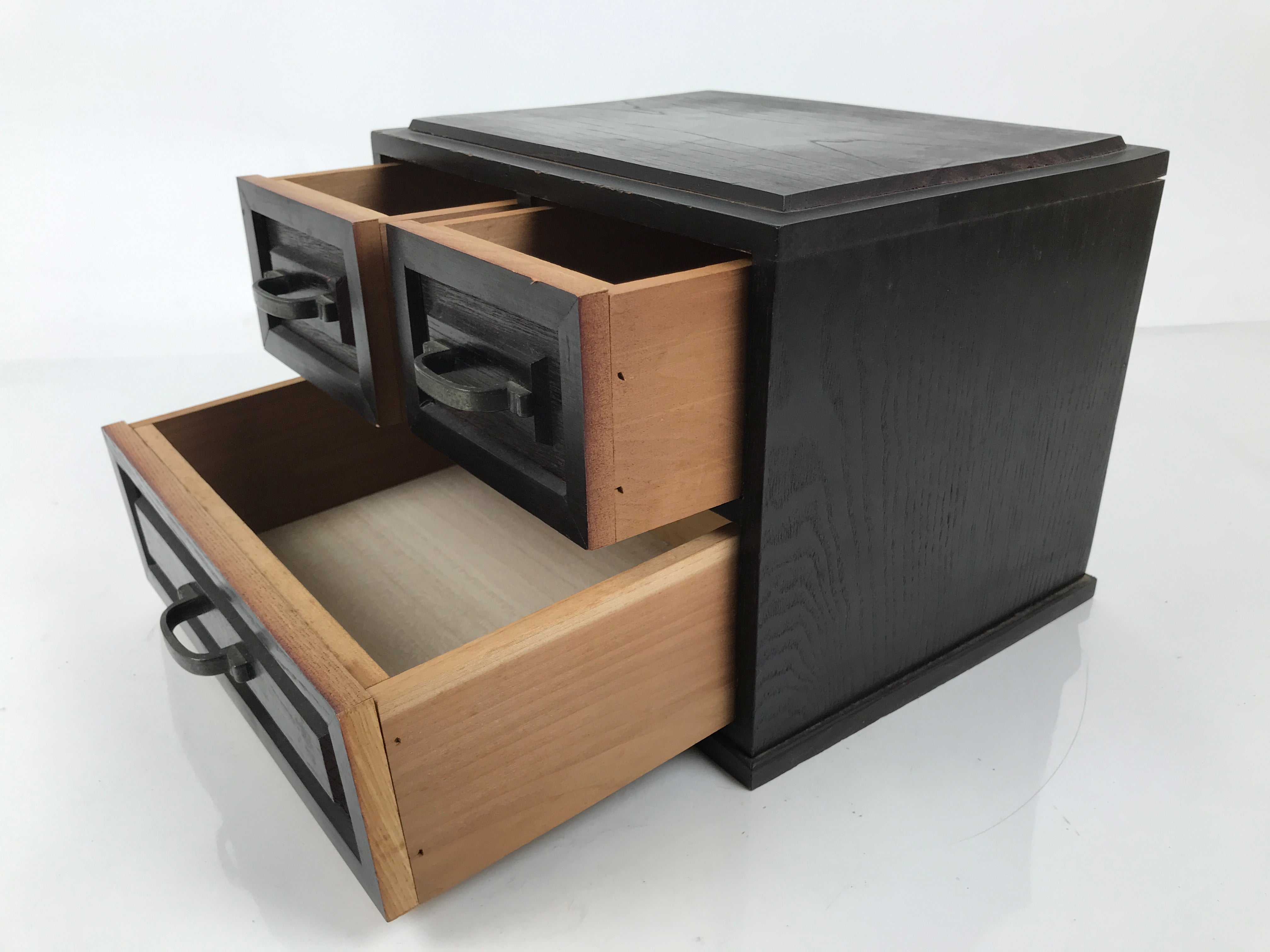 Japanese Wooden Tansu Storage Chest Vtg Haribako Trinket Box 3 Drawer Brown T405