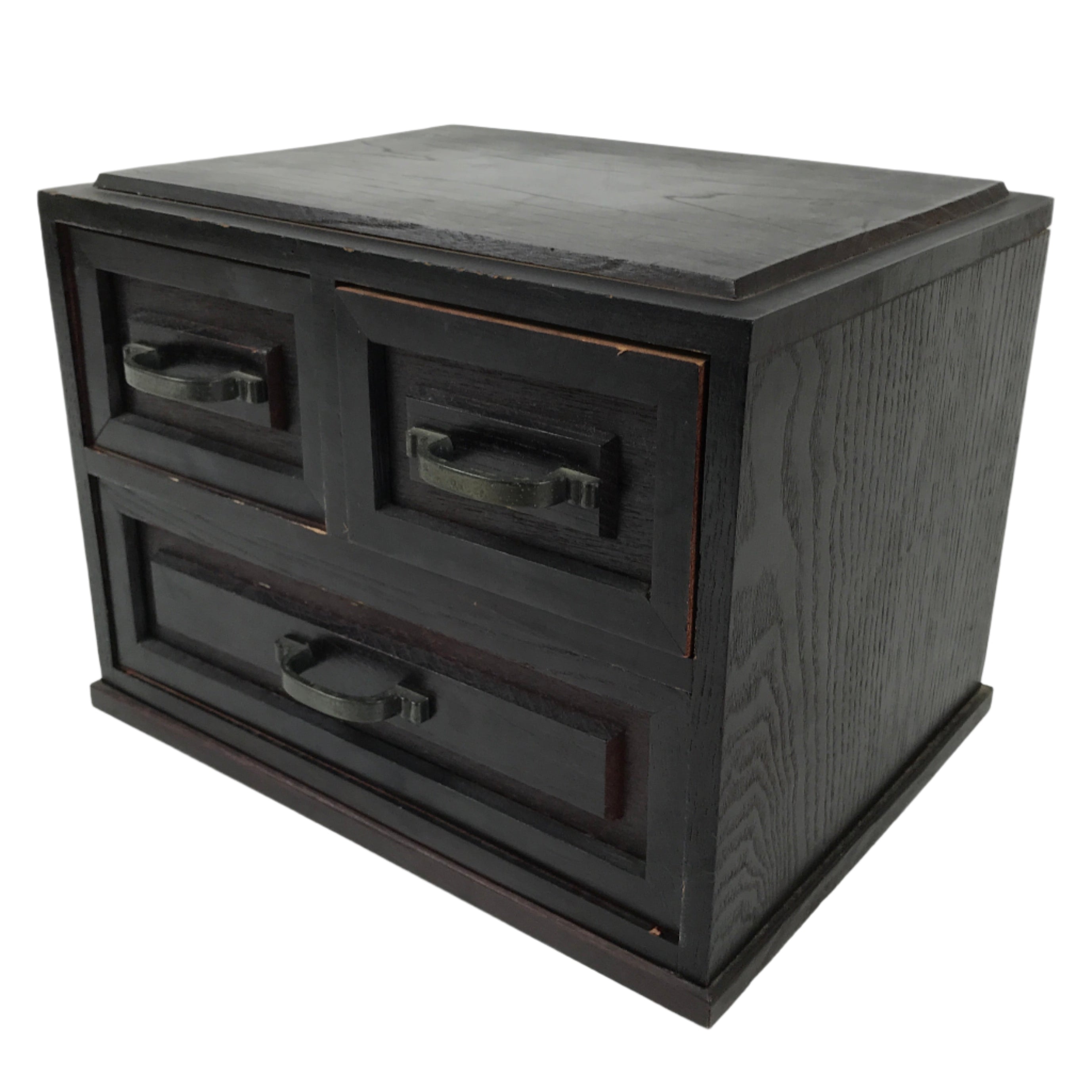 Japanese Wooden Tansu Storage Chest Vtg Haribako Trinket Box 3 Drawer Brown T405