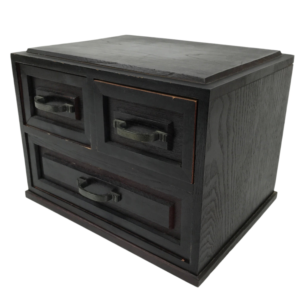 Japanese Wooden Tansu Storage Chest Vtg Haribako Trinket Box 3 Drawer Brown T405