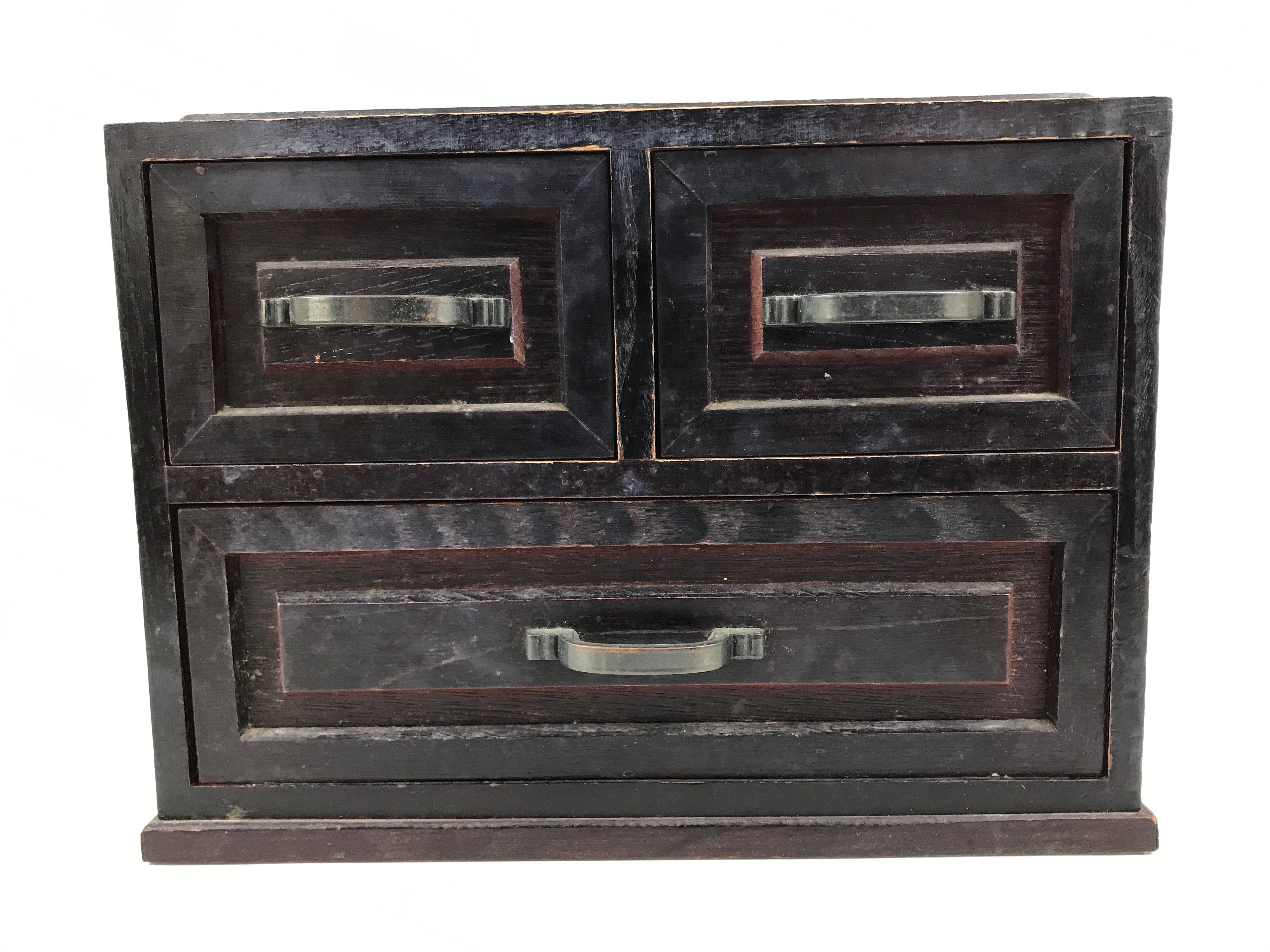 Japanese Wooden Tansu Storage Chest Vtg Haribako Trinket Box 3 Drawer Brown T416