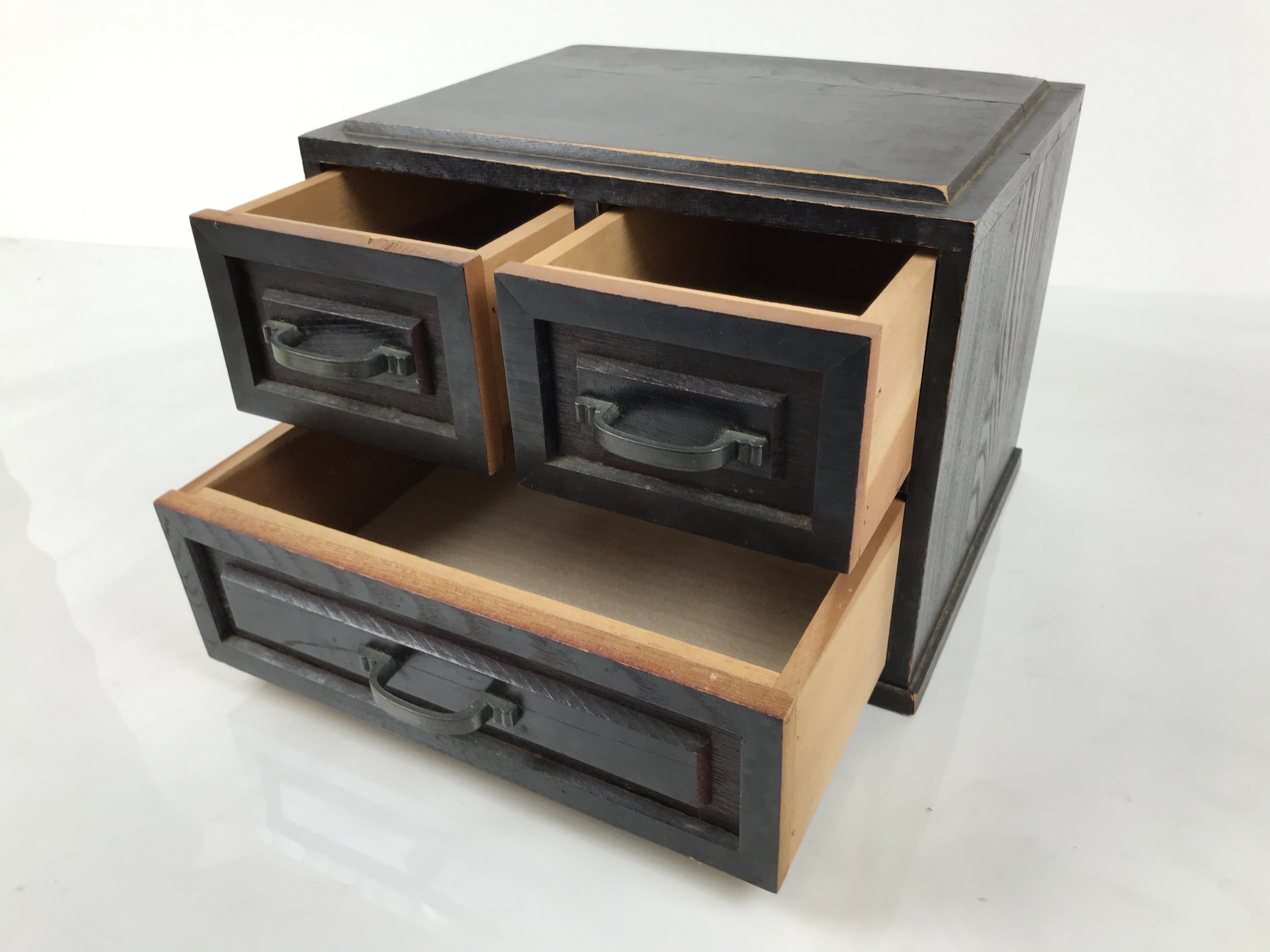 Japanese Wooden Tansu Storage Chest Vtg Haribako Trinket Box 3 Drawer Brown T416