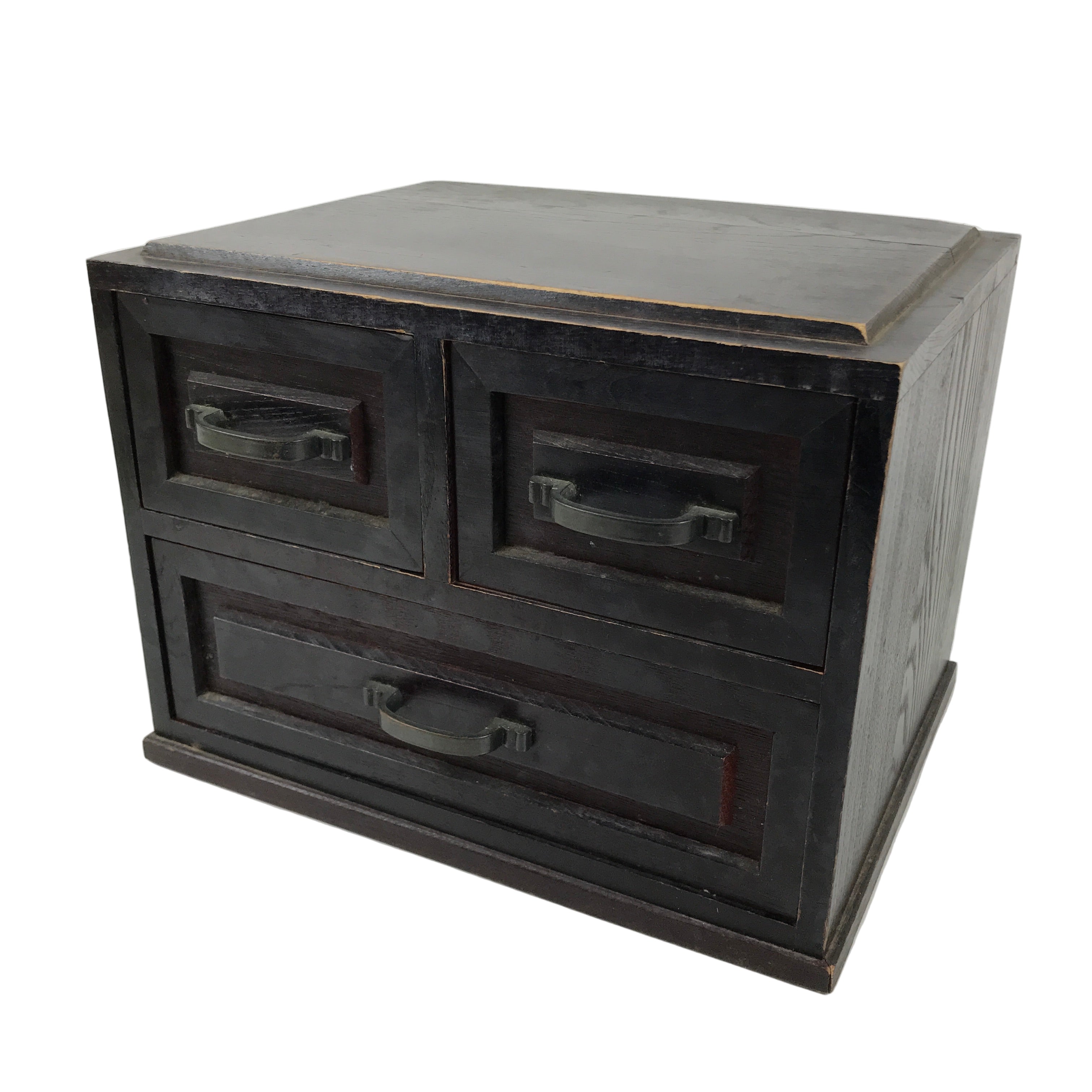 Japanese Wooden Tansu Storage Chest Vtg Haribako Trinket Box 3 Drawer Brown T416