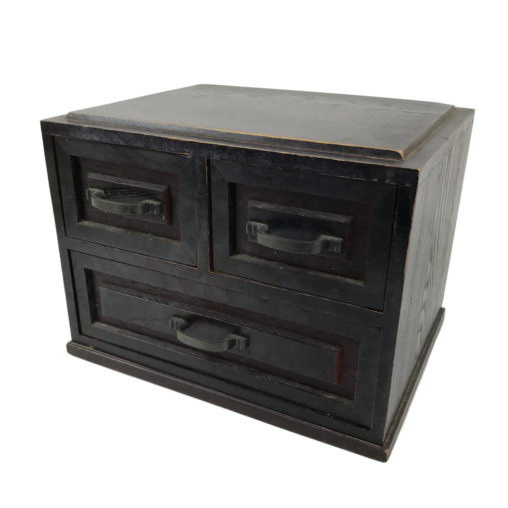 Japanese Wooden Tansu Storage Chest Vtg Haribako Trinket Box 3 Drawer Brown T416