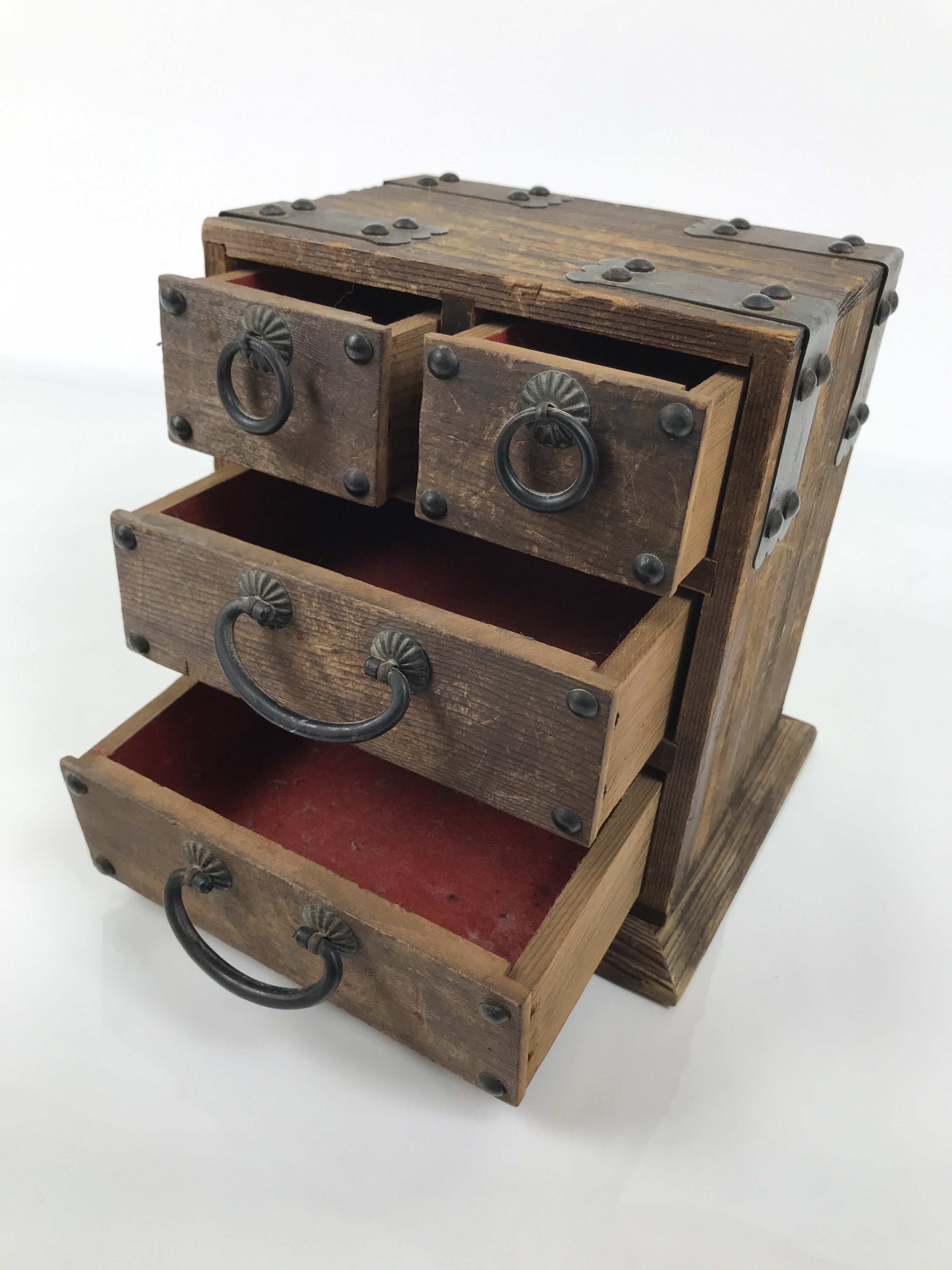 Japanese Wooden Tansu Storage Chest Vtg Haribako Trinket Box 4 Drawer Brown T418