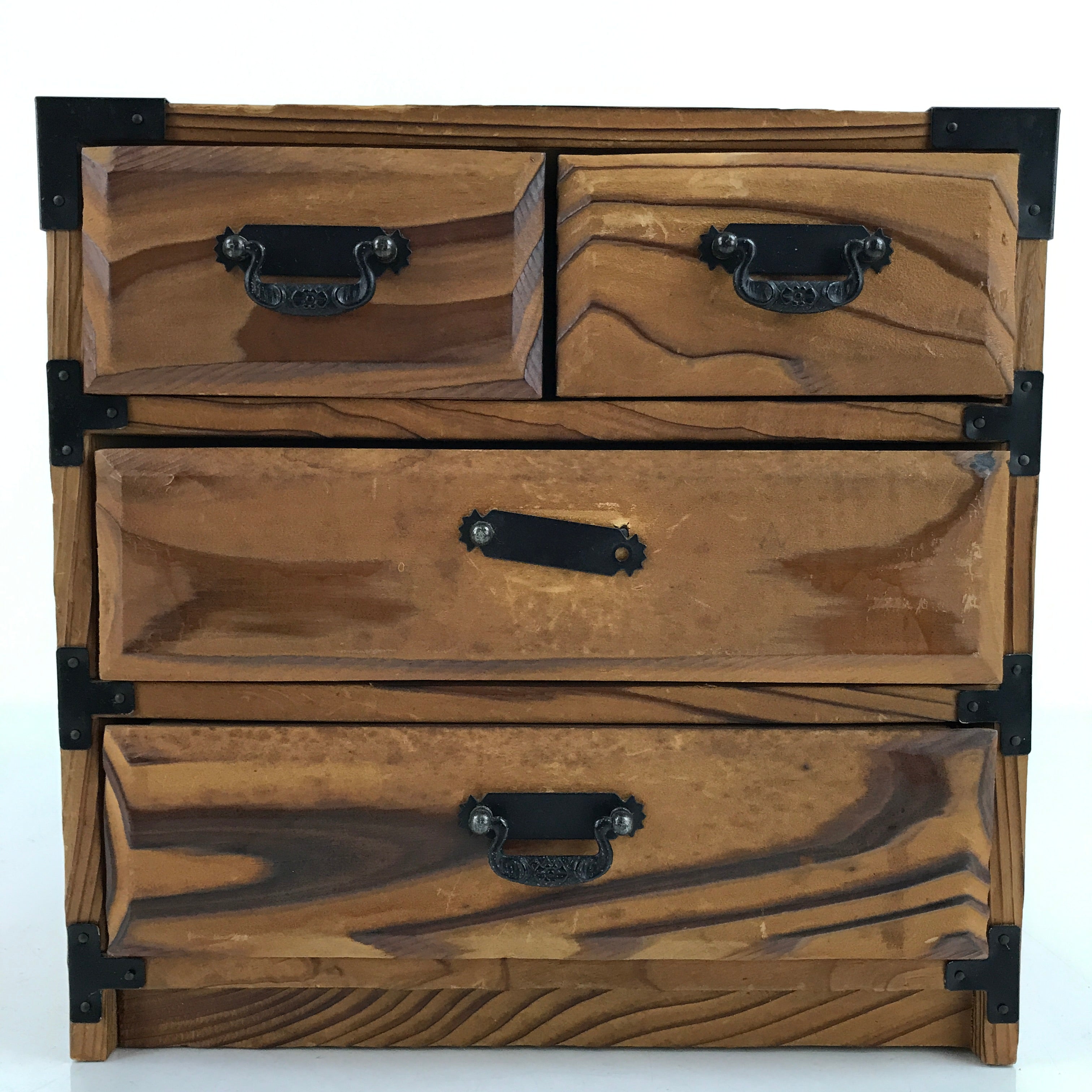 Japanese Wooden Tansu Storage Chest Vtg Haribako Trinket Box 4 Drawers T382