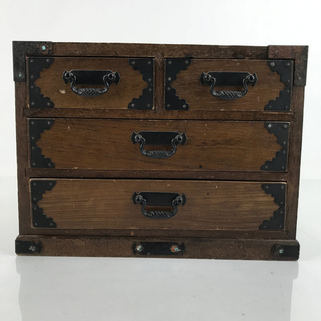 Japanese Wooden Tansu Storage Chest Vtg Haribako Trinket Box 4 Drawers T383