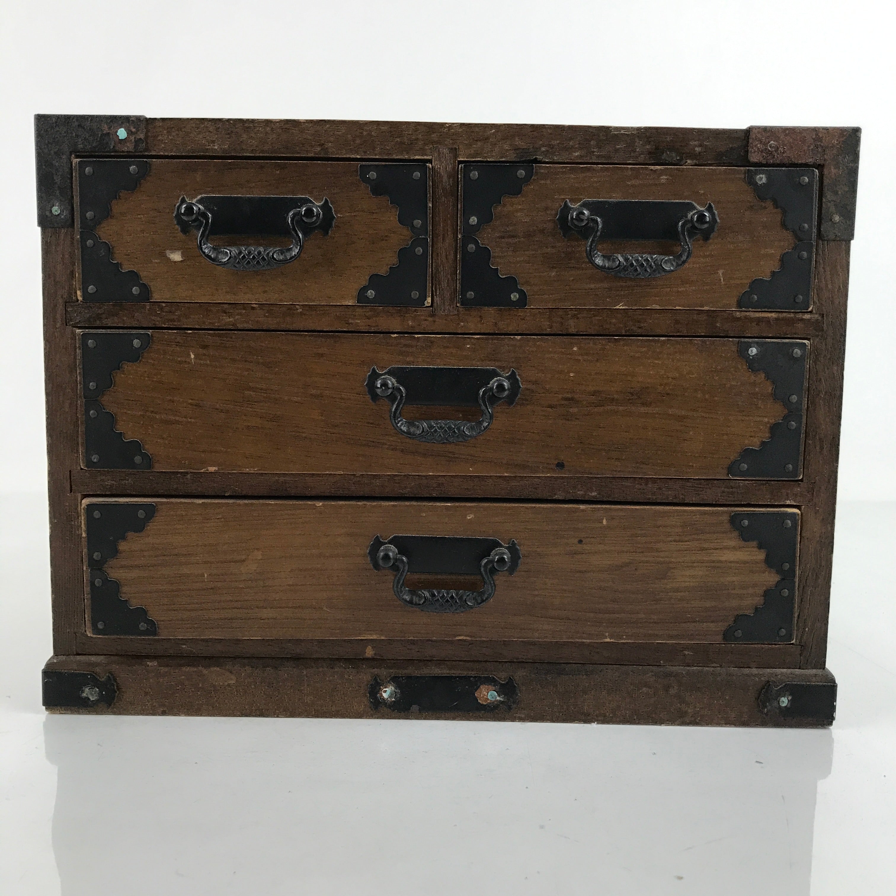 Japanese Wooden Tansu Storage Chest Vtg Haribako Trinket Box 4 Drawers T383