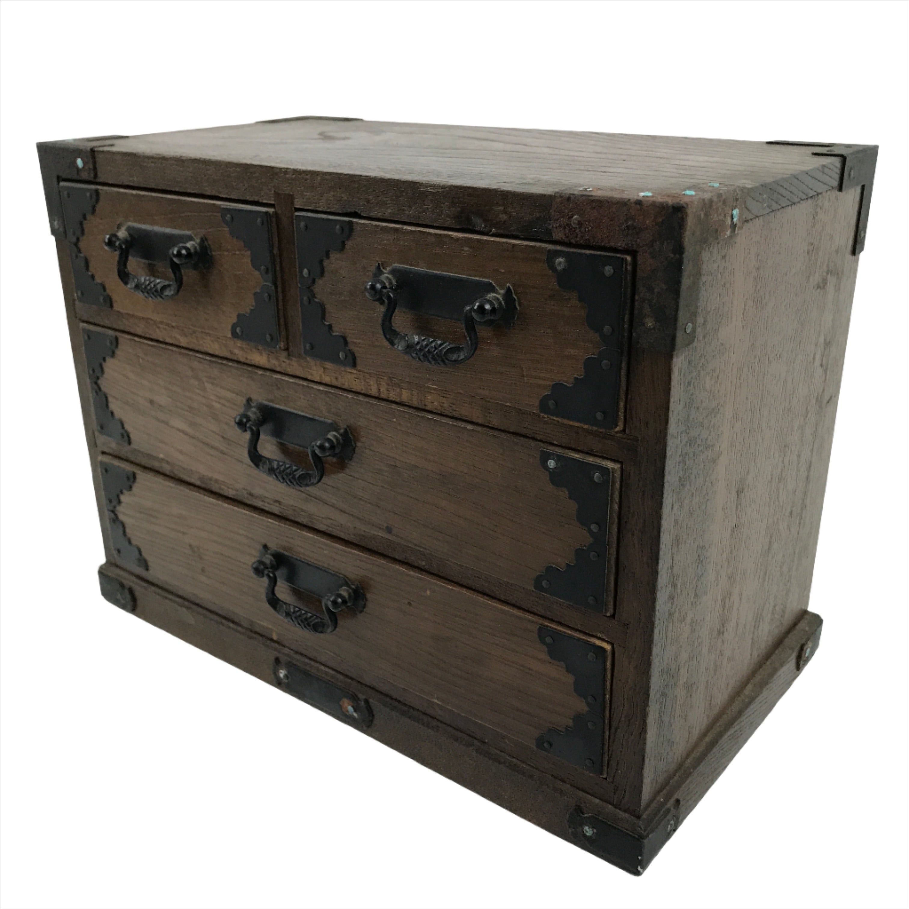 Japanese Wooden Tansu Storage Chest Vtg Haribako Trinket Box 4 Drawers T383