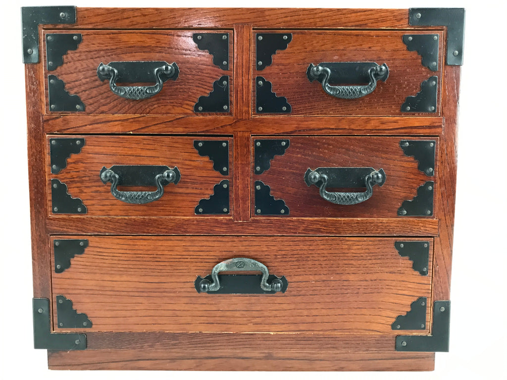Japanese Wooden Tansu Storage Chest Vtg Haribako Trinket Box 5 Drawers T388