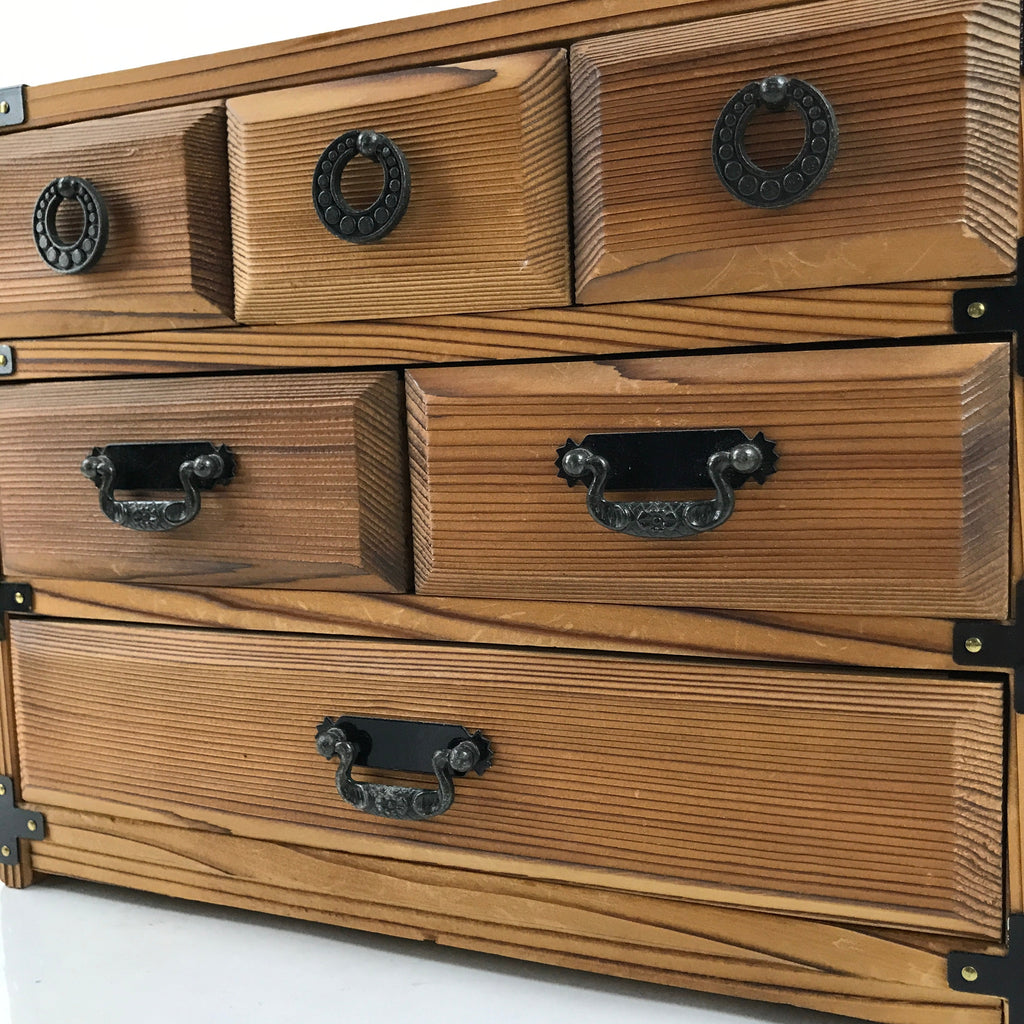 Japanese Wooden Tansu Storage Chest Vtg Haribako Trinket Box 6 Drawers T374