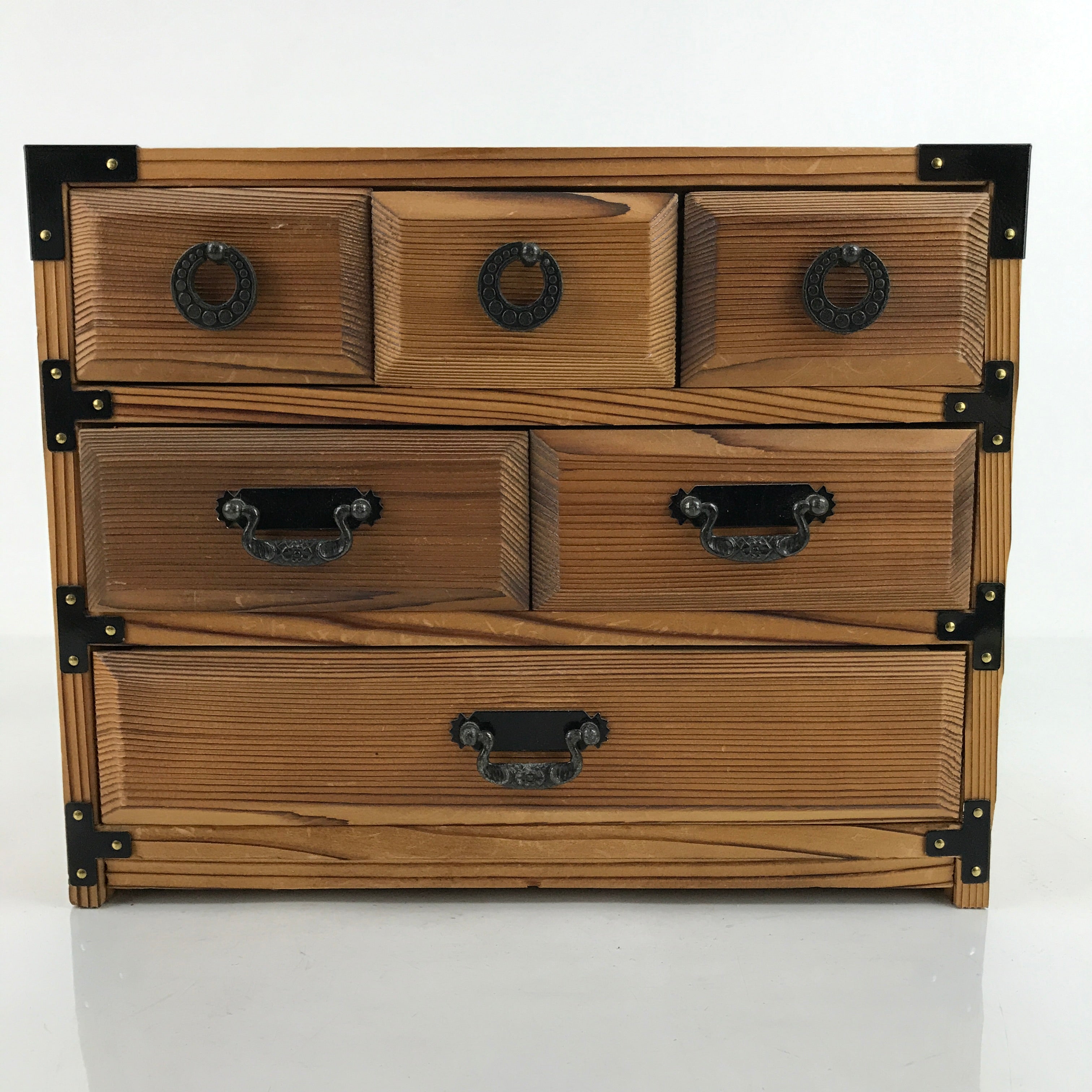 Japanese Wooden Tansu Storage Chest Vtg Haribako Trinket Box 6 Drawers T374