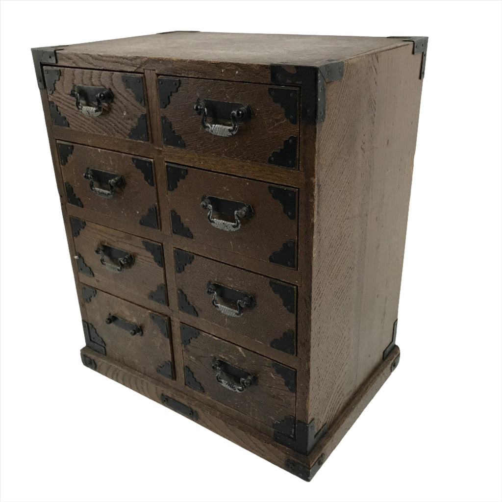 Japanese Wooden Tansu Storage Chest Vtg Haribako Trinket Box 8 Drawers T384