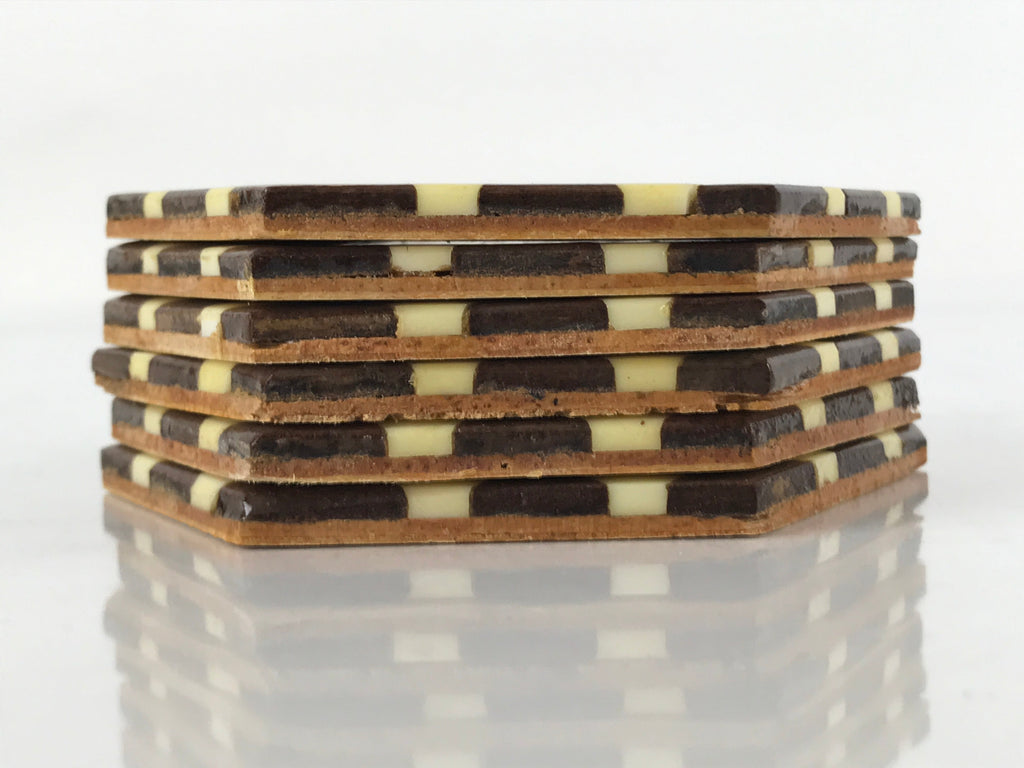 Japanese Wooden Yosegi-Zaiku Drink Coasters Chataku Vtg Hexagonal 6pc Brown L128