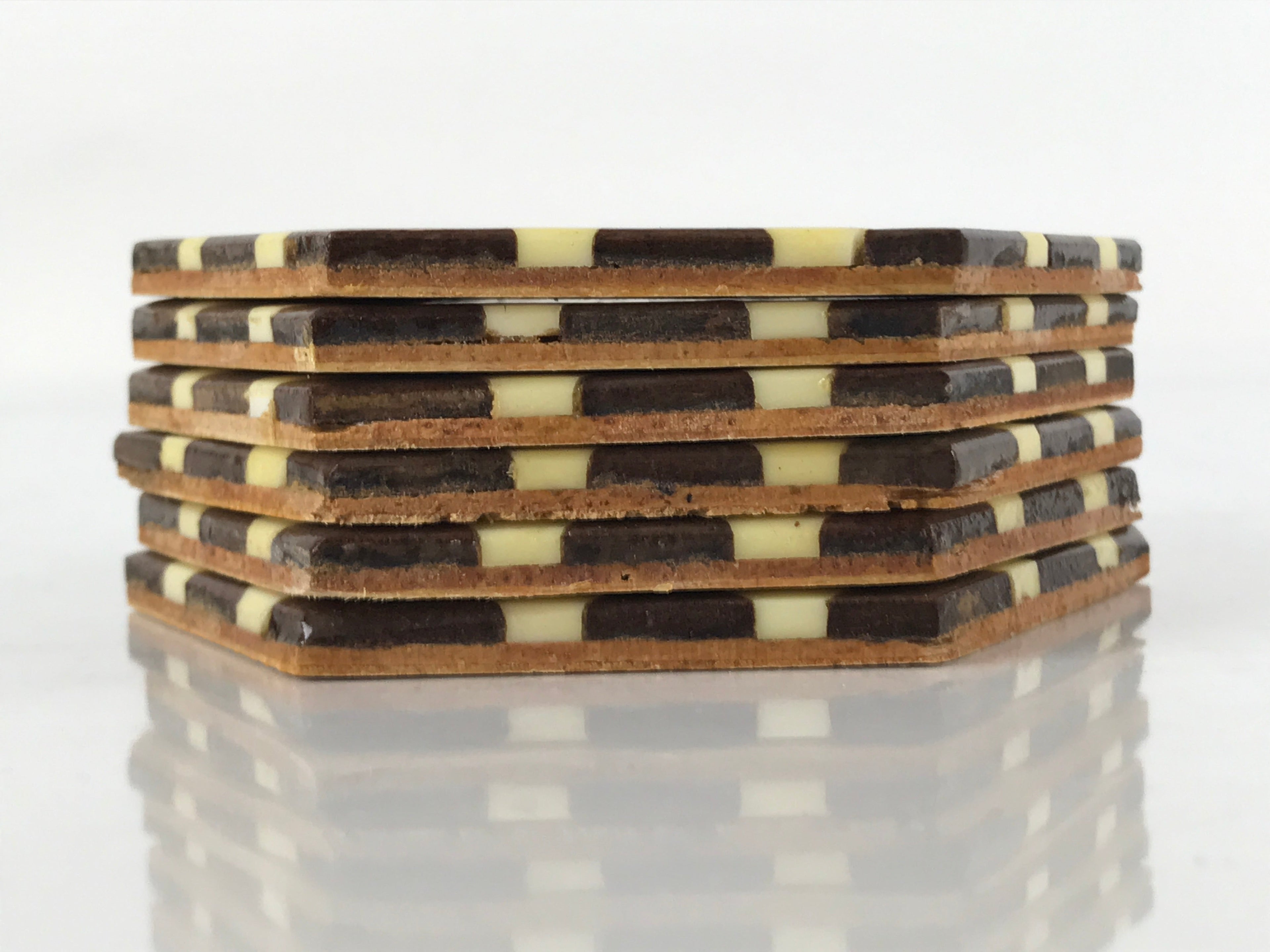 Japanese Wooden Yosegi-Zaiku Drink Coasters Chataku Vtg Hexagonal 6pc Brown L128