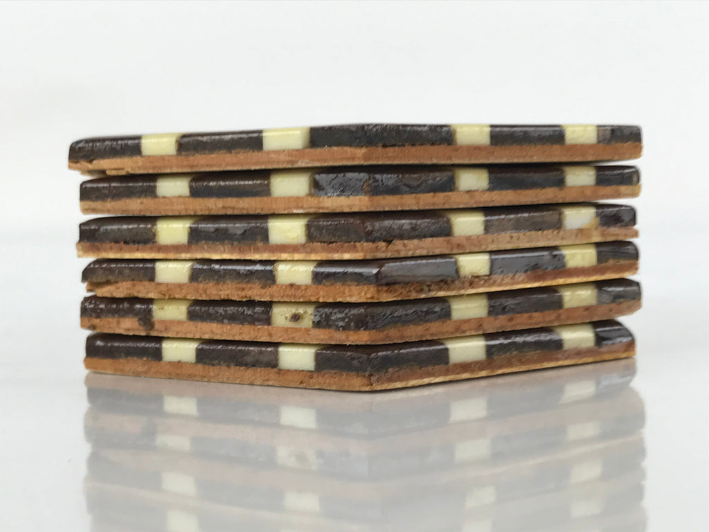 Japanese Wooden Yosegi-Zaiku Drink Coasters Chataku Vtg Hexagonal 6pc Brown L128