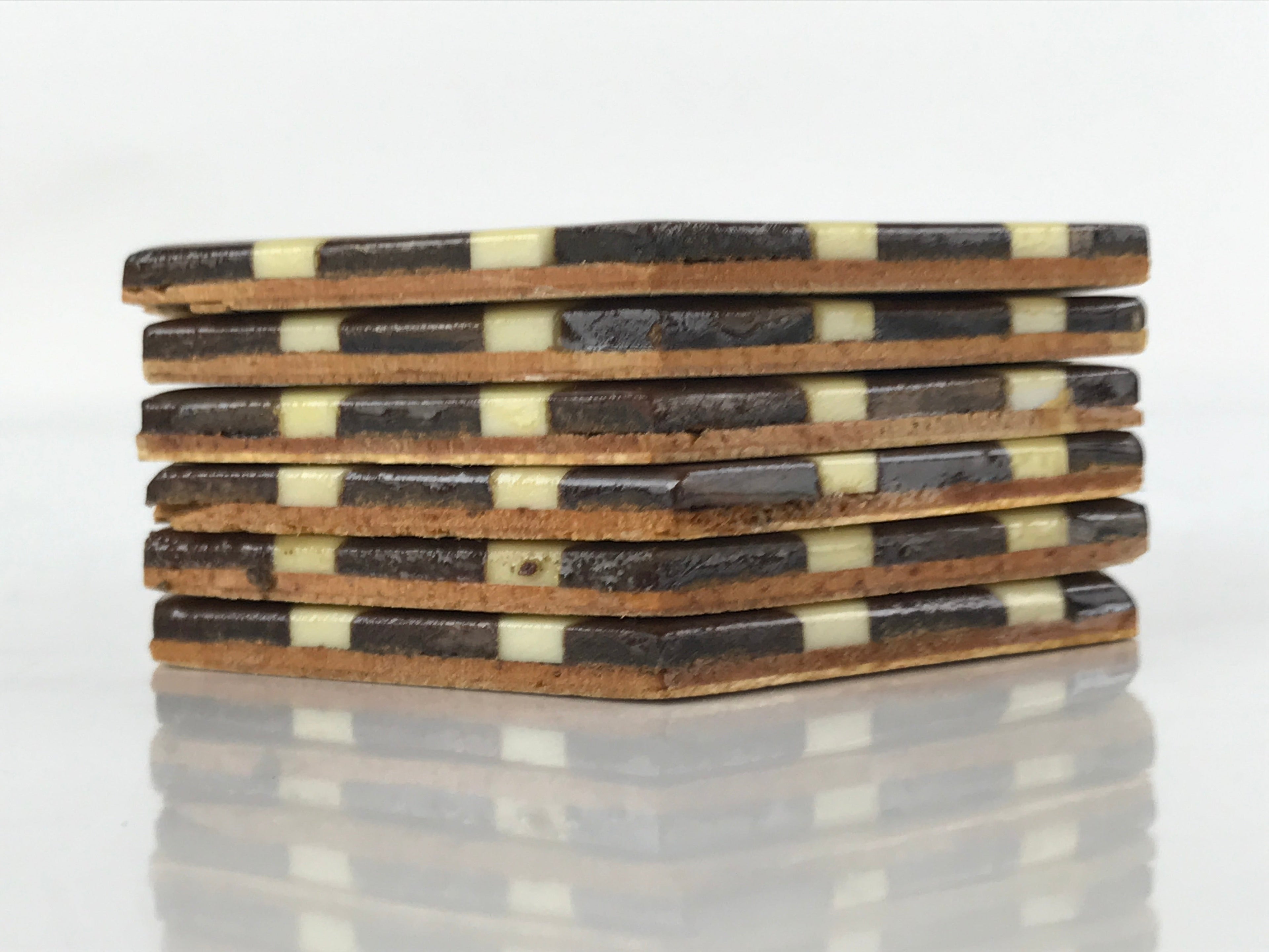 Japanese Wooden Yosegi-Zaiku Drink Coasters Chataku Vtg Hexagonal 6pc Brown L128