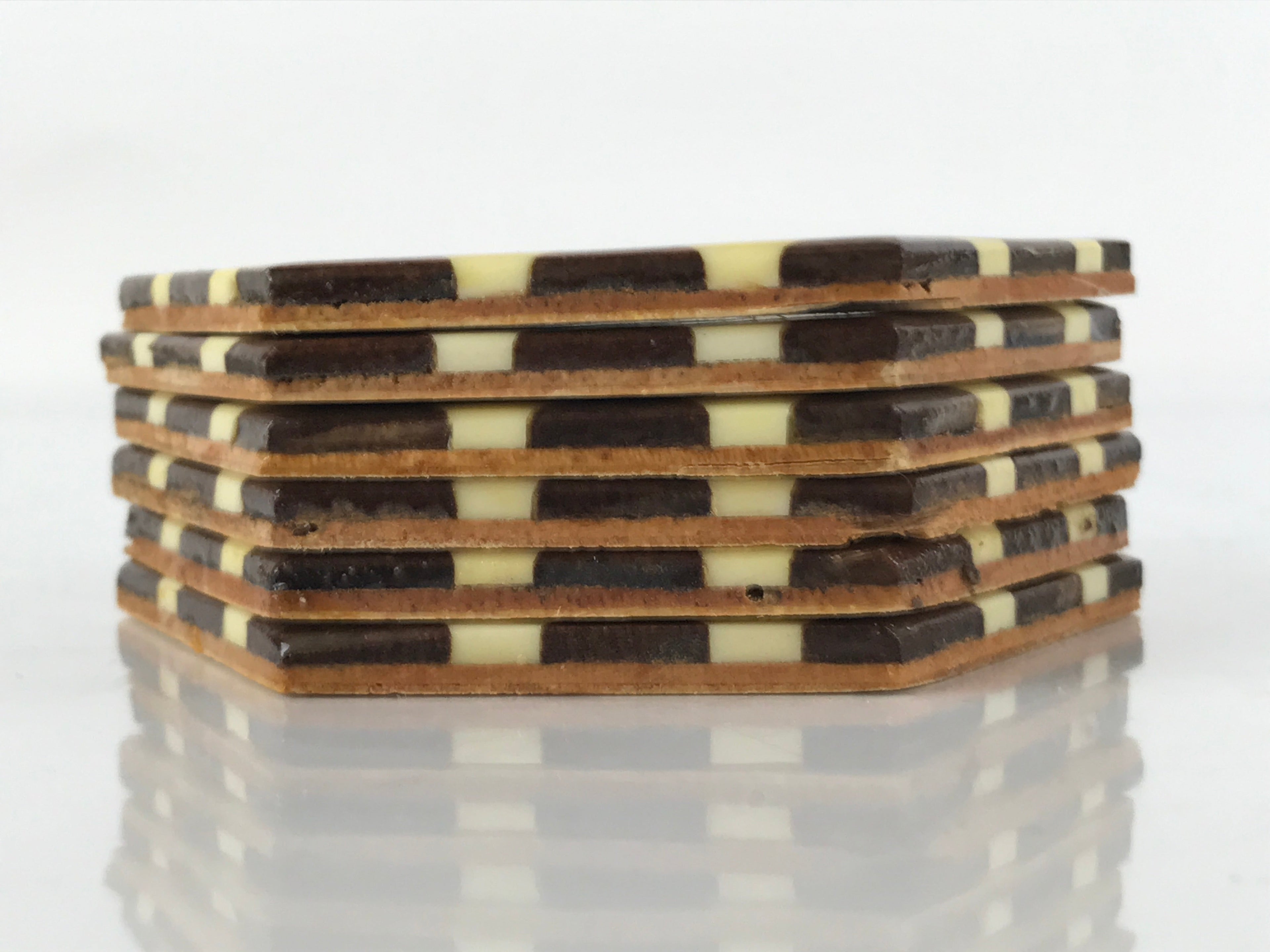 Japanese Wooden Yosegi-Zaiku Drink Coasters Chataku Vtg Hexagonal 6pc Brown L128