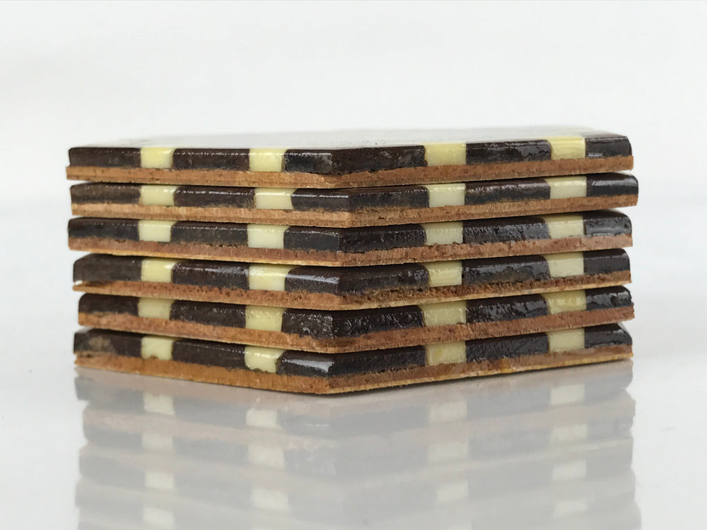 Japanese Wooden Yosegi-Zaiku Drink Coasters Chataku Vtg Hexagonal 6pc Brown L128