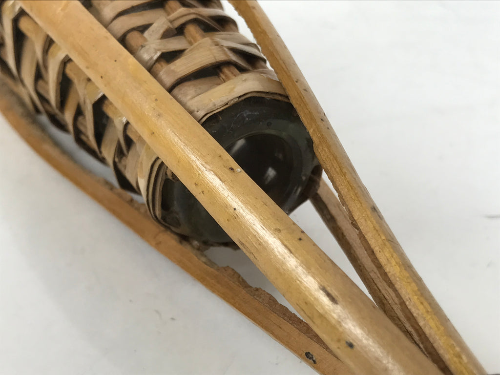 Japanese Woven Bamboo Glass Bottle Hanging Flower Vase Vtg Ikebana Kabin FK169
