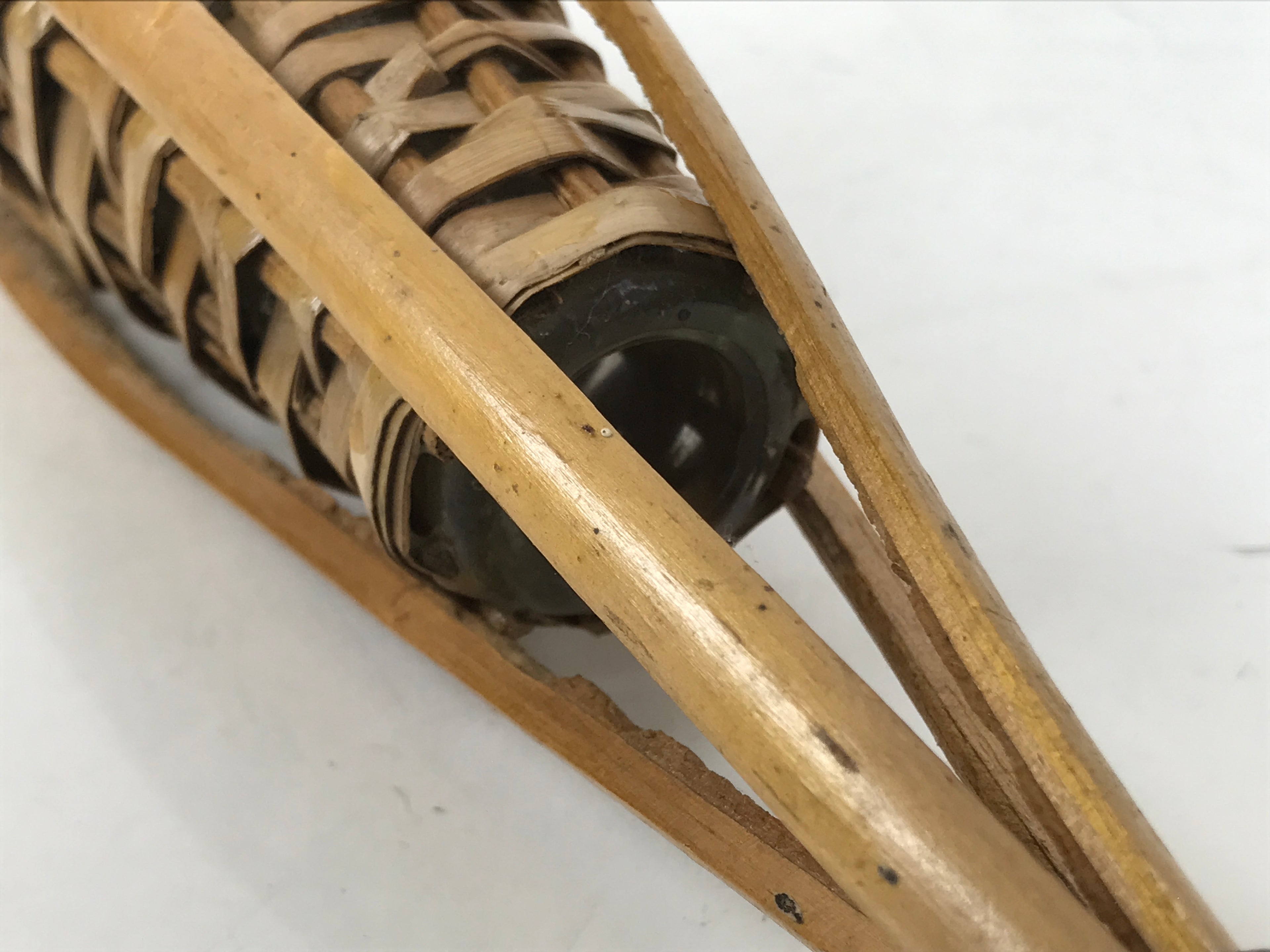 Japanese Woven Bamboo Glass Bottle Hanging Flower Vase Vtg Ikebana Kabin FK169