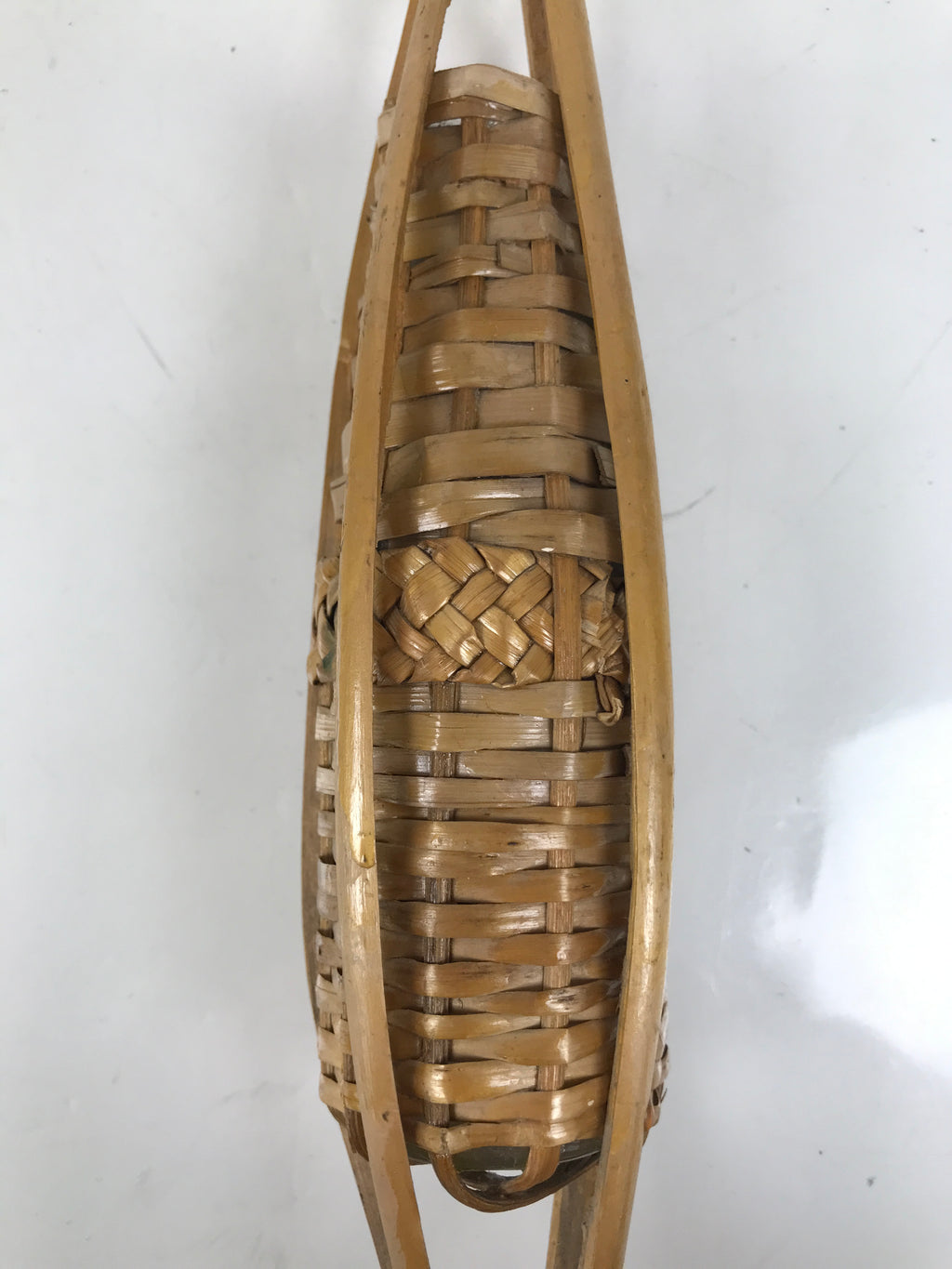 Japanese Woven Bamboo Glass Bottle Hanging Flower Vase Vtg Ikebana Kabin FK169