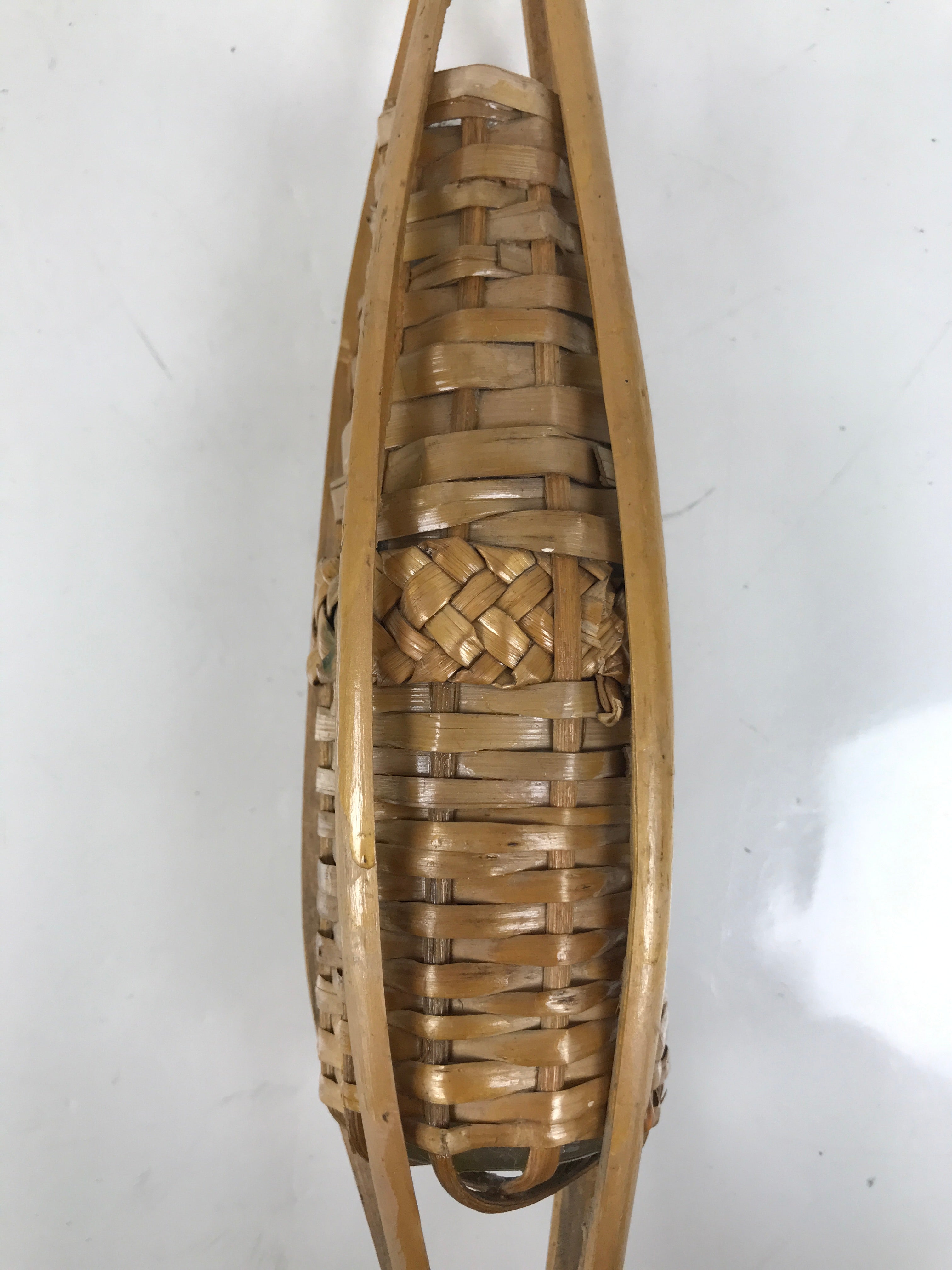 Japanese Woven Bamboo Glass Bottle Hanging Flower Vase Vtg Ikebana Kabin FK169