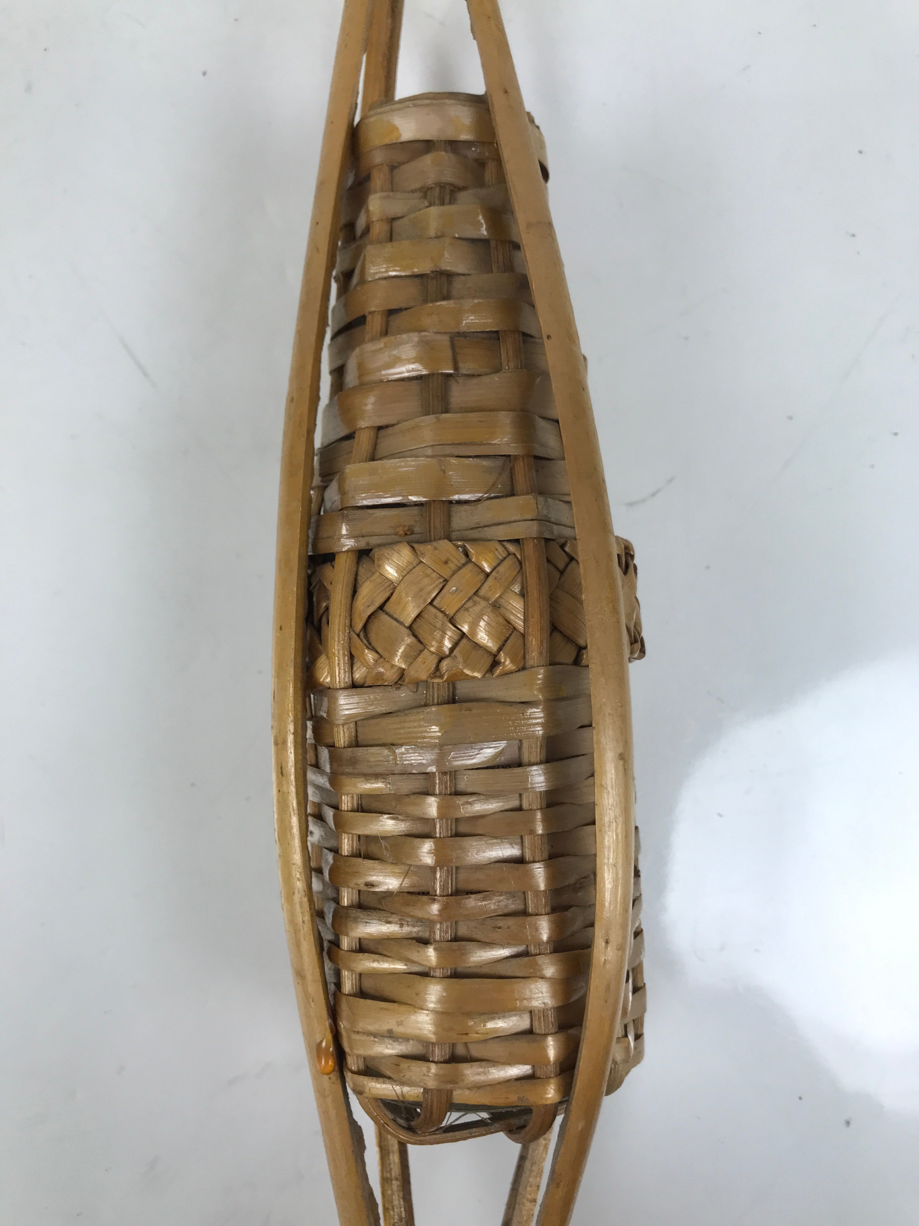 Japanese Woven Bamboo Glass Bottle Hanging Flower Vase Vtg Ikebana Kabin FK169